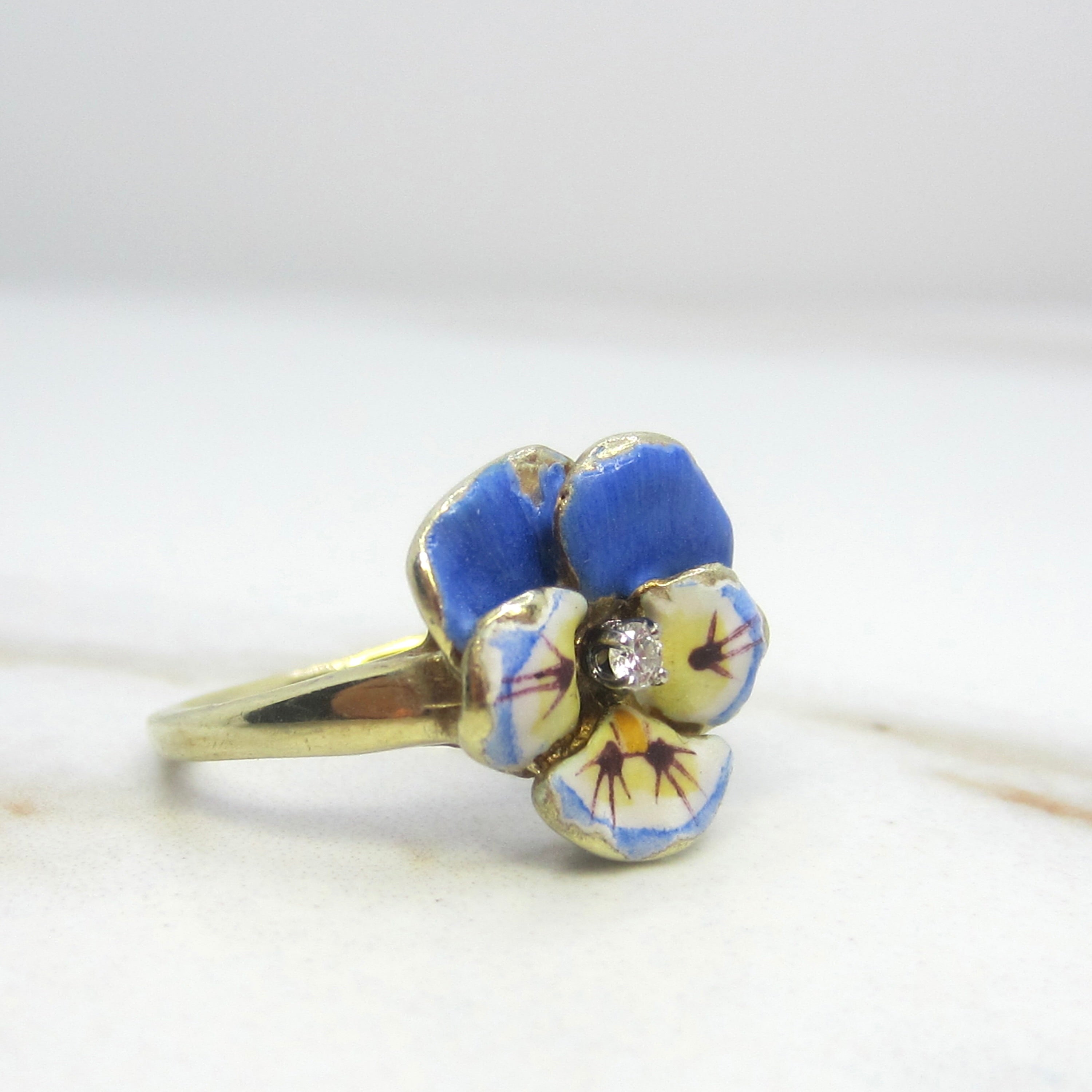 Antique Larter and Sons Art Nouveau 14k Enamel Pansy Flower Ring with Diamond
