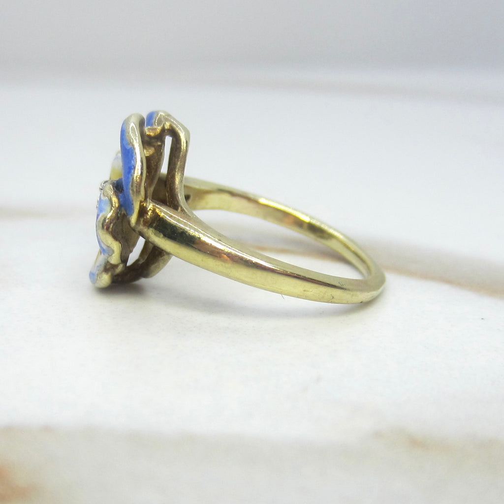 Antique Larter and Sons Art Nouveau 14k Enamel Pansy Flower Ring with Diamond