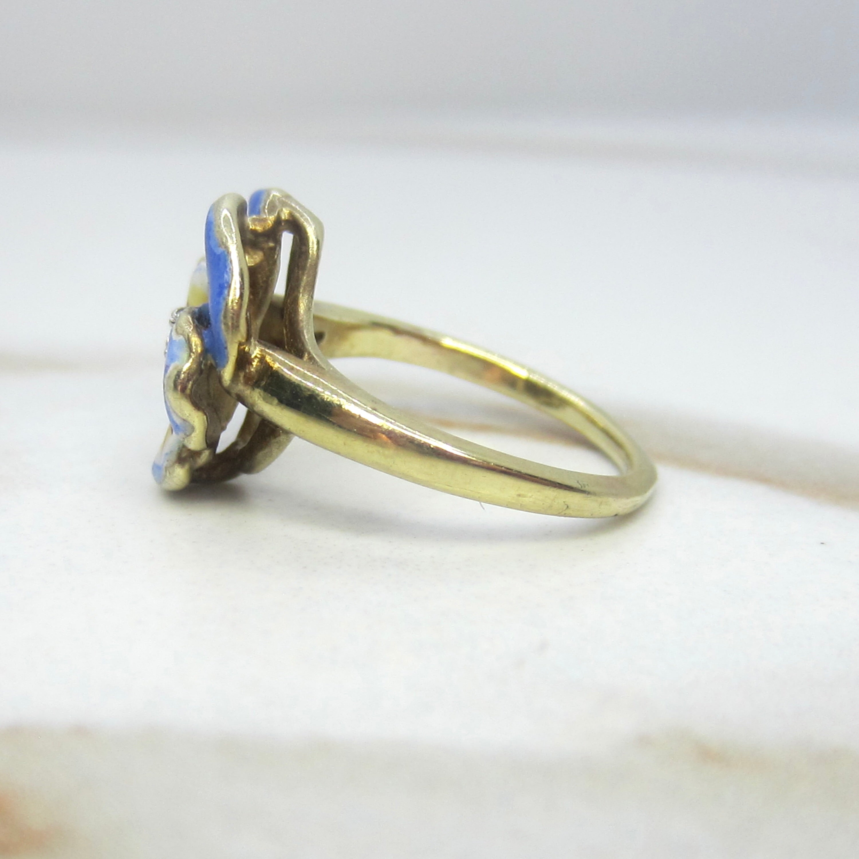 Antique Larter and Sons Art Nouveau 14k Enamel Pansy Flower Ring with Diamond