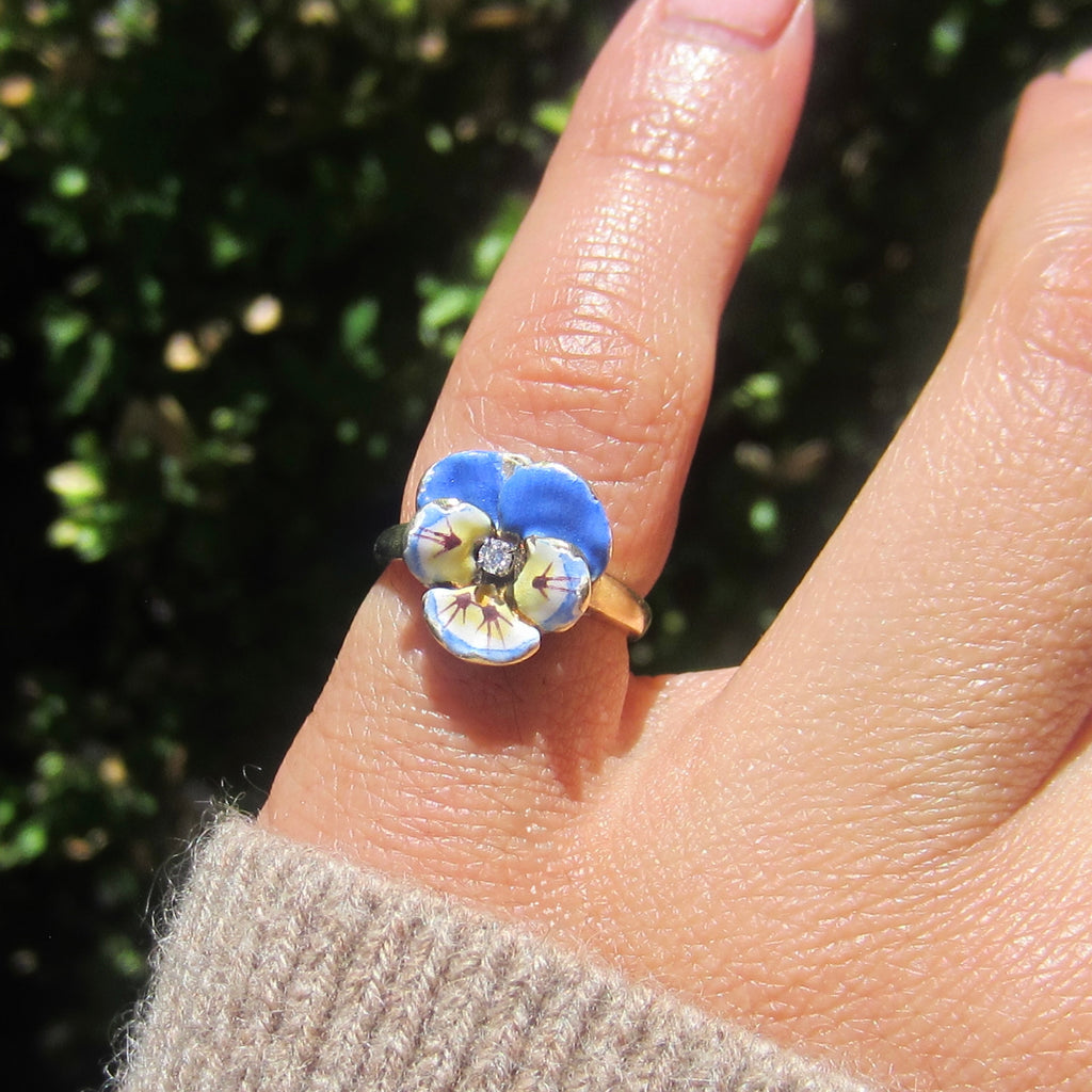 Antique Larter and Sons Art Nouveau 14k Enamel Pansy Flower Ring with Diamond