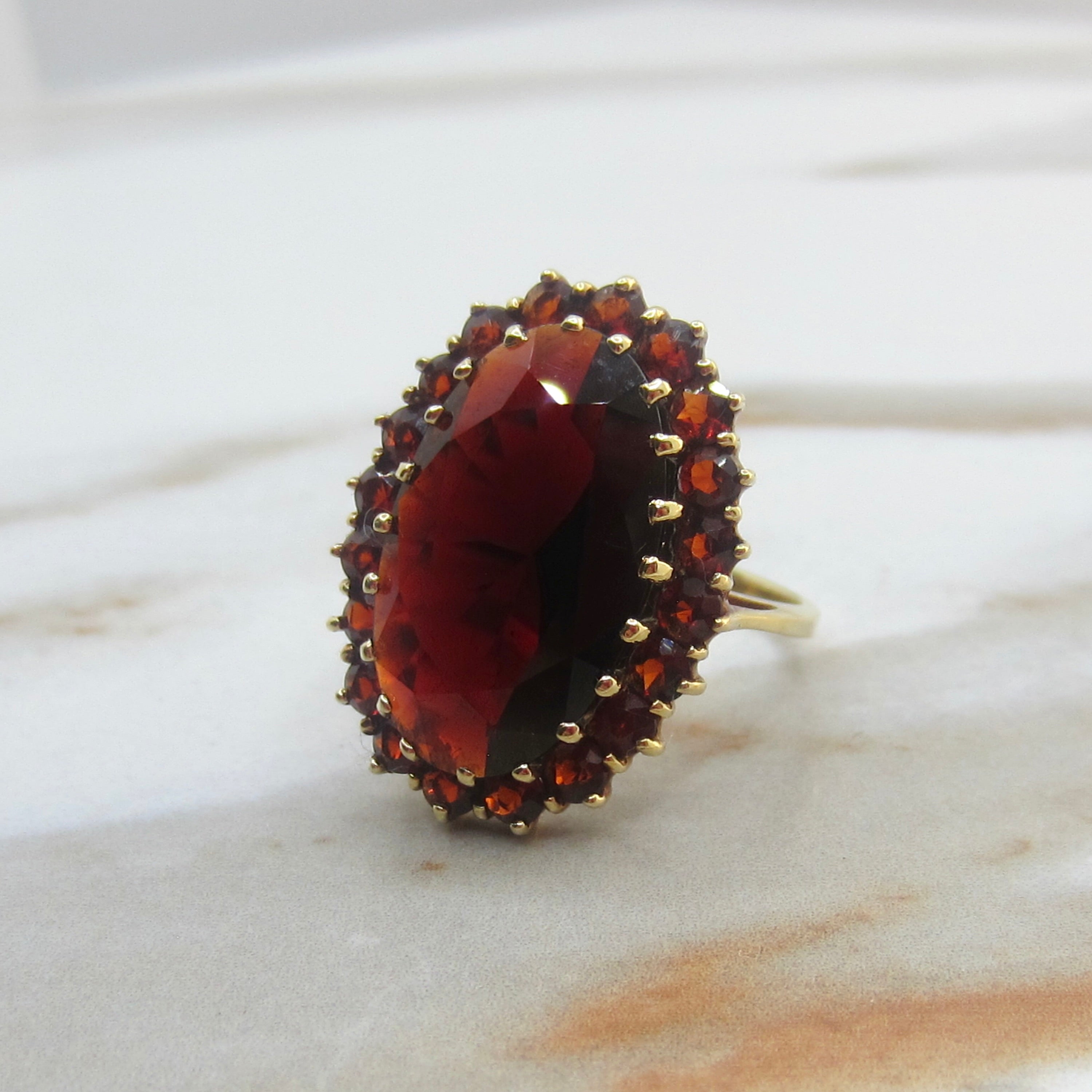 Vintage 14k Gold Large Garnet Cocktail Ring c.1970s