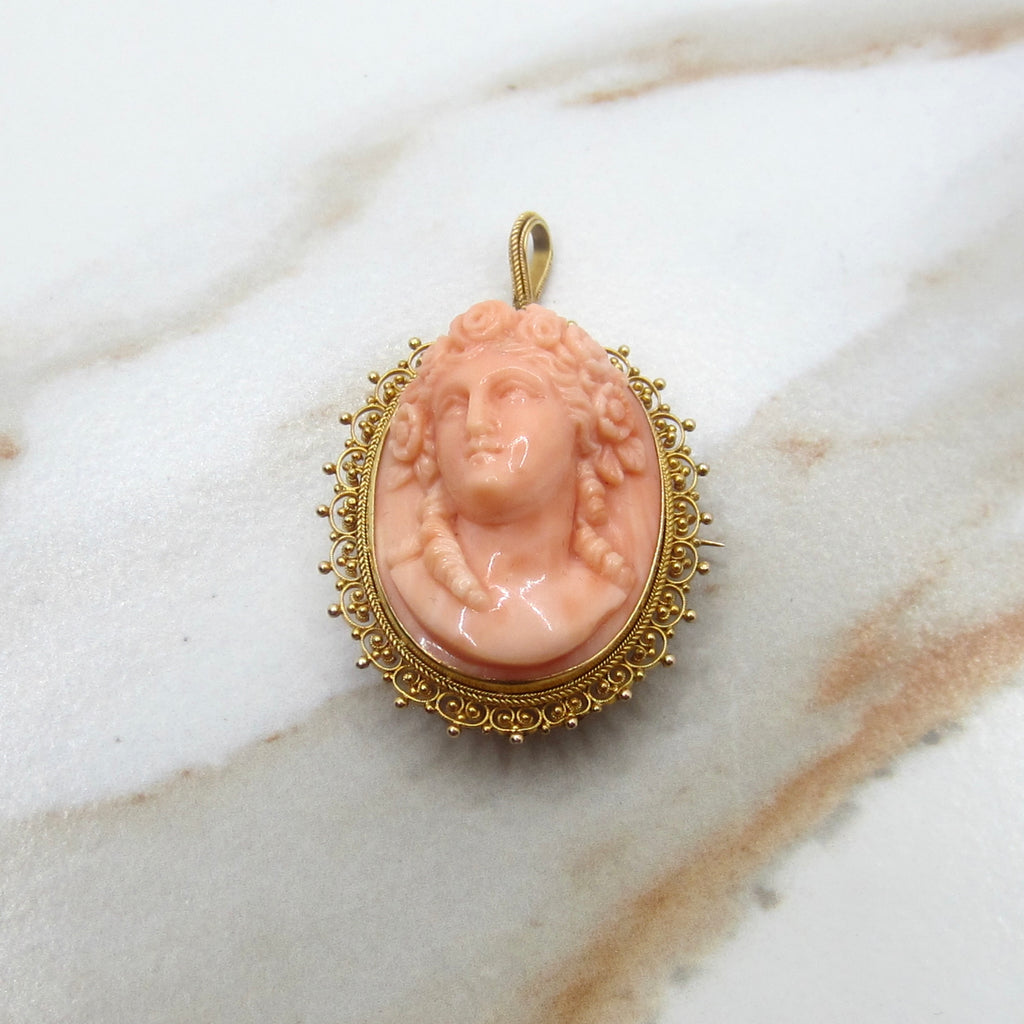Antique Victorian Carved Coral Cameo in 12k Gold Filigree Pendant Brooch c.1880s