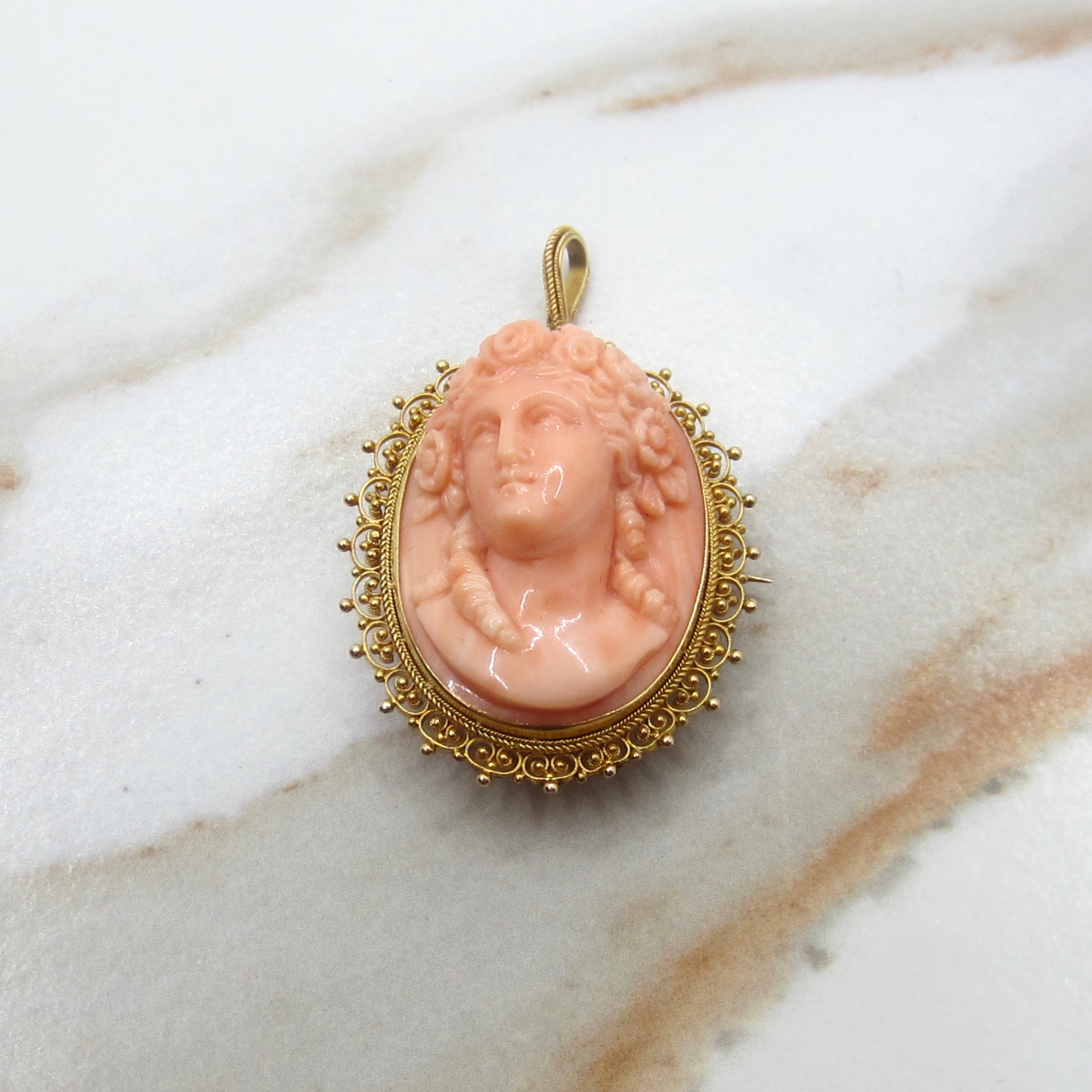 Antique Victorian Carved Coral Cameo in 12k Gold Filigree Pendant Brooch c.1880s