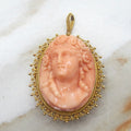 Antique Victorian Carved Coral Cameo in 12k Gold Filigree Pendant Brooch c.1880s