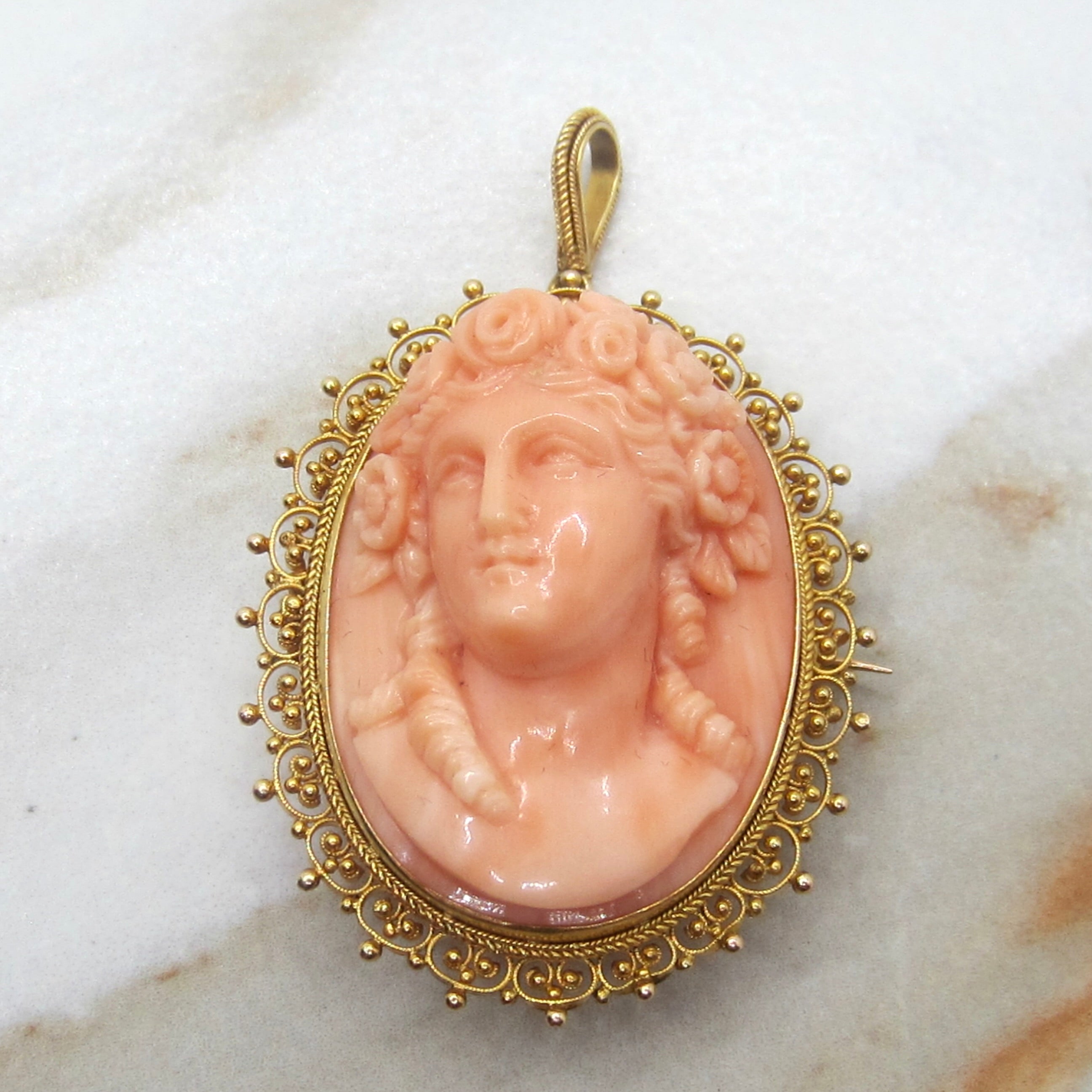 Antique Victorian Carved Coral Cameo in 12k Gold Filigree Pendant Brooch c.1880s