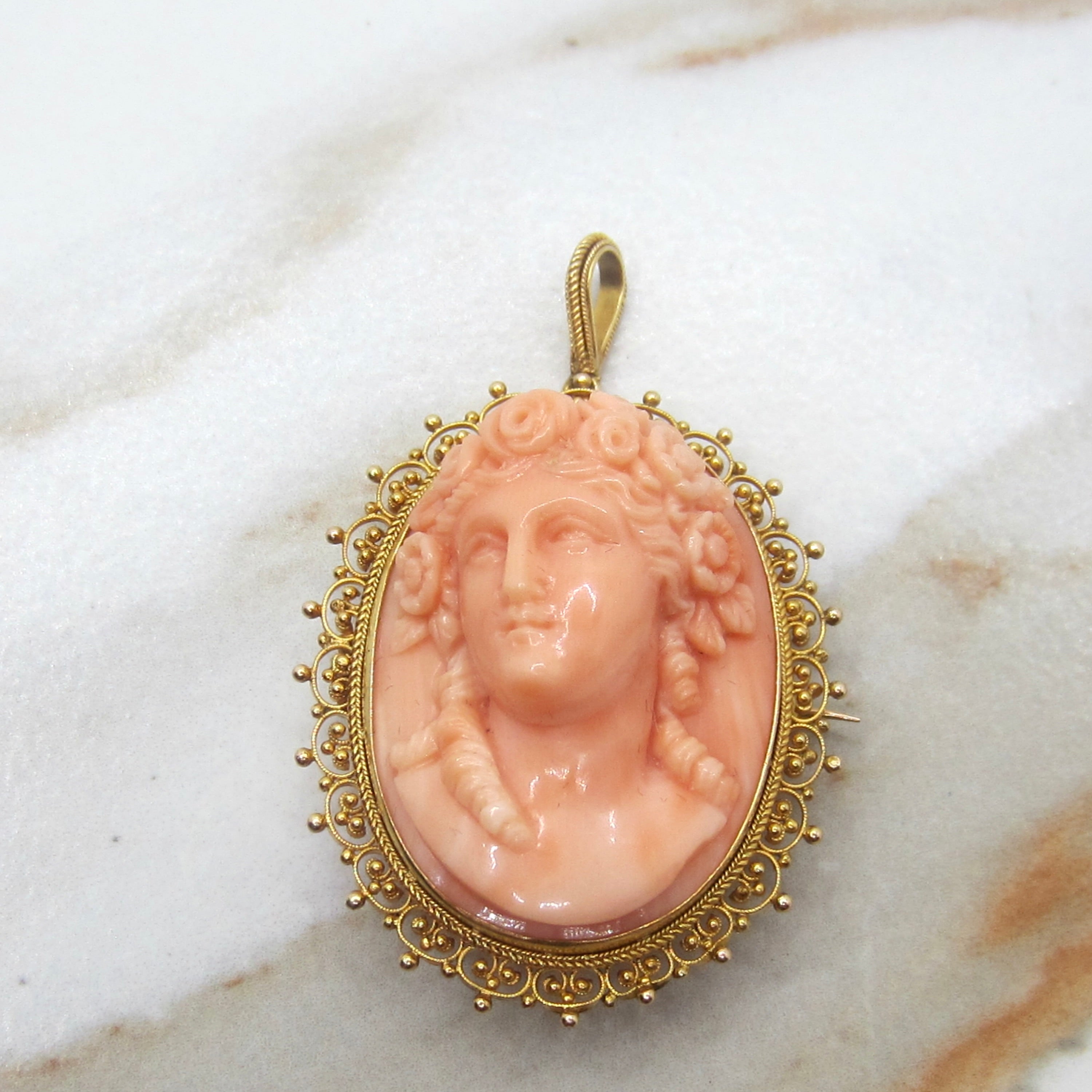 Antique Victorian Carved Coral Cameo in 12k Gold Filigree Pendant Brooch c.1880s