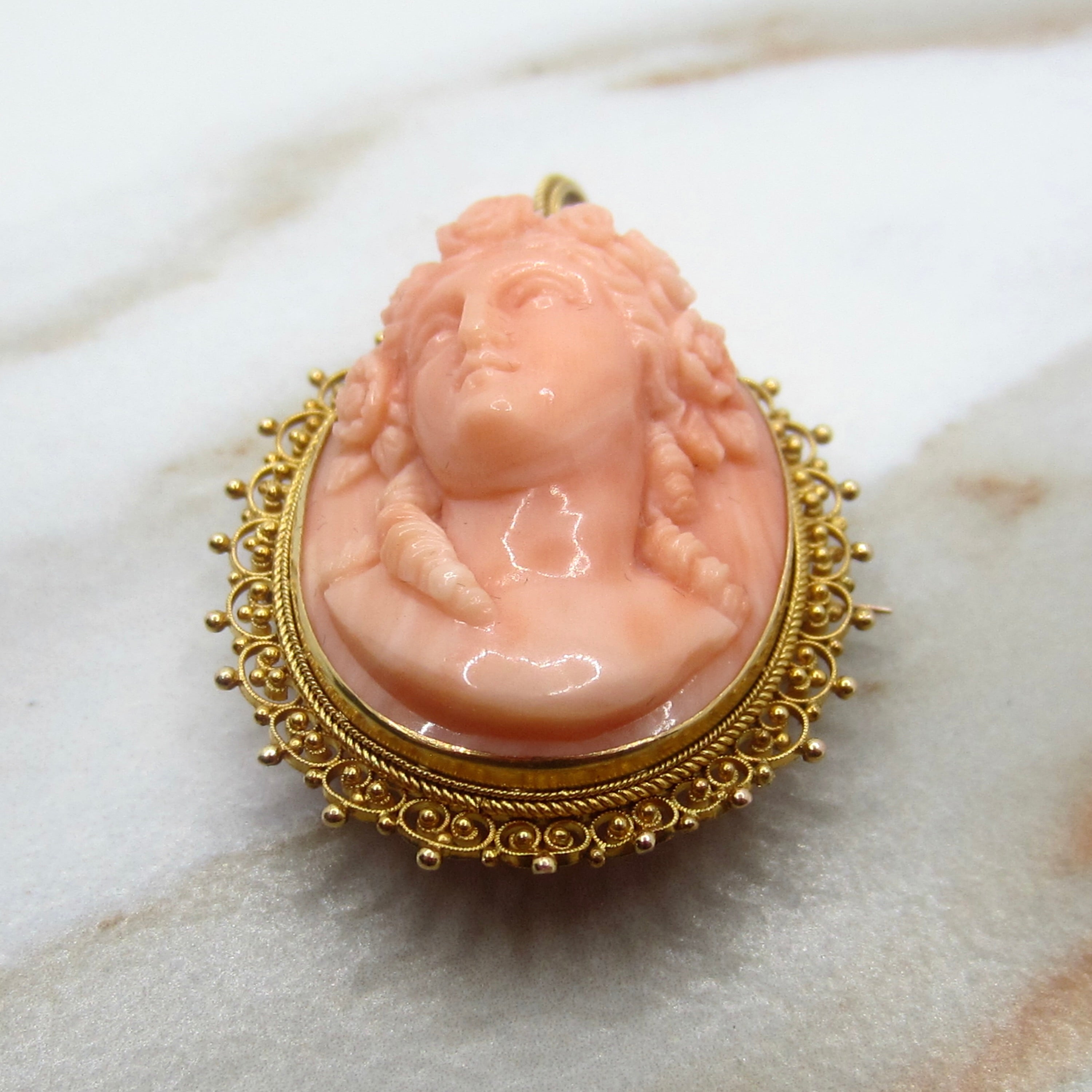 Antique Victorian Carved Coral Cameo in 12k Gold Filigree Pendant Brooch c.1880s
