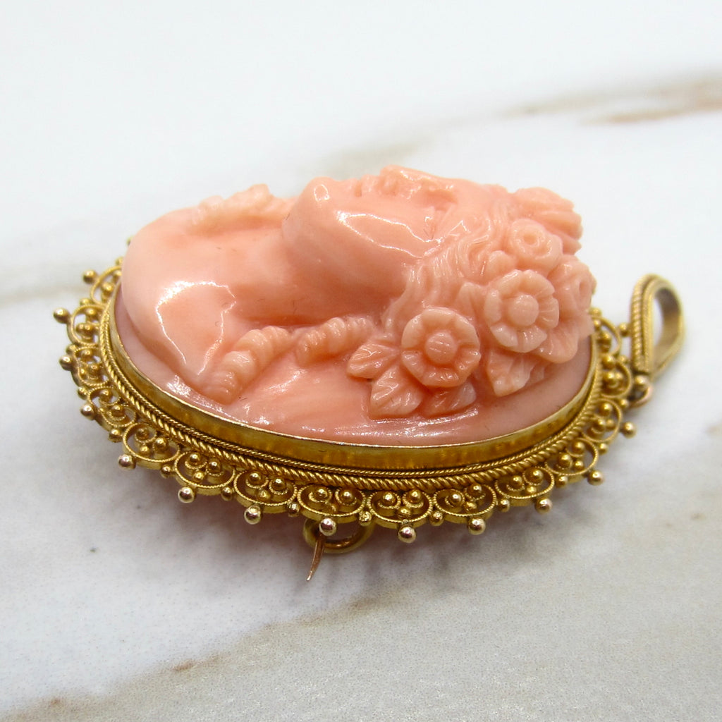 Antique Victorian Carved Coral Cameo in 12k Gold Filigree Pendant Brooch c.1880s
