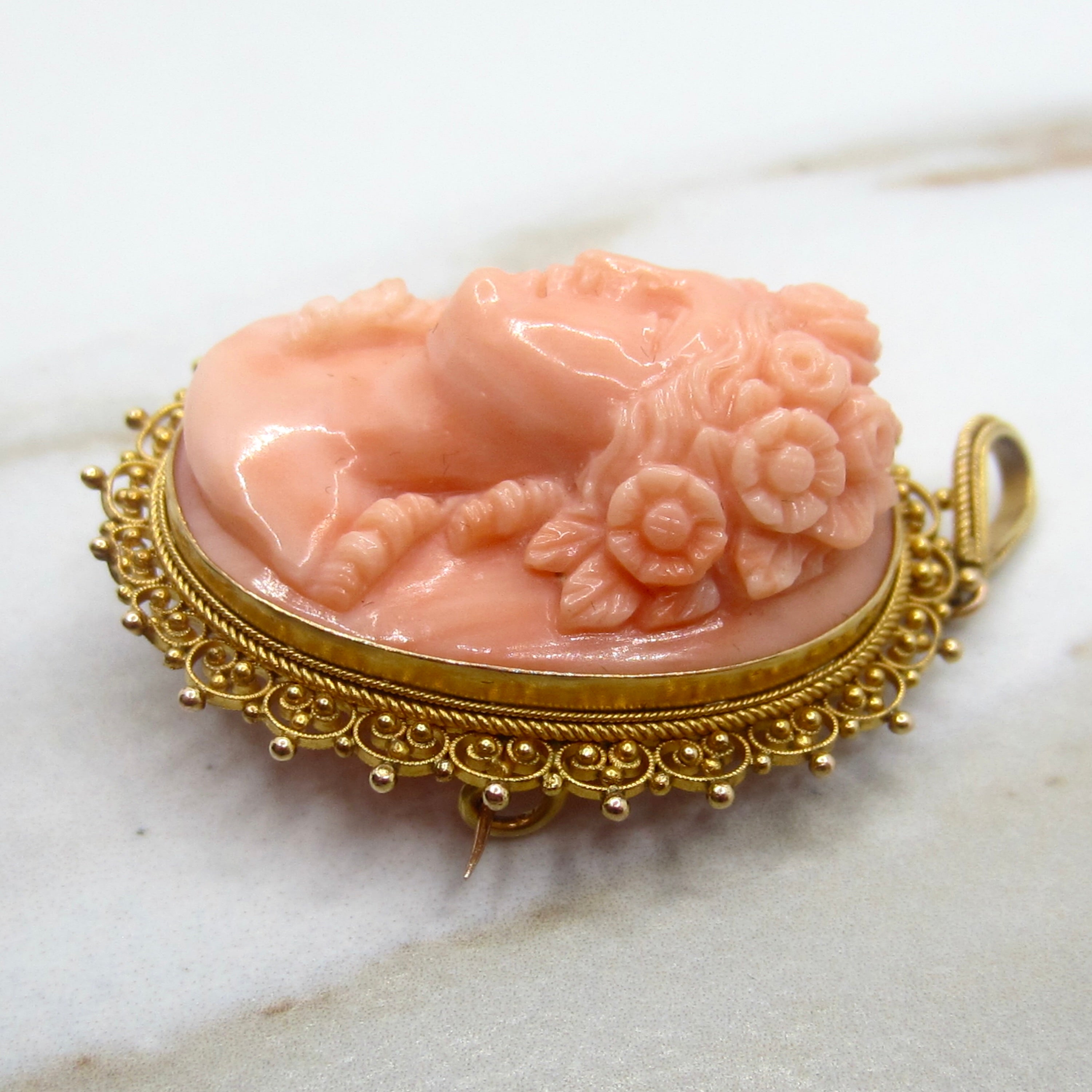Antique Victorian Carved Coral Cameo in 12k Gold Filigree Pendant Brooch c.1880s