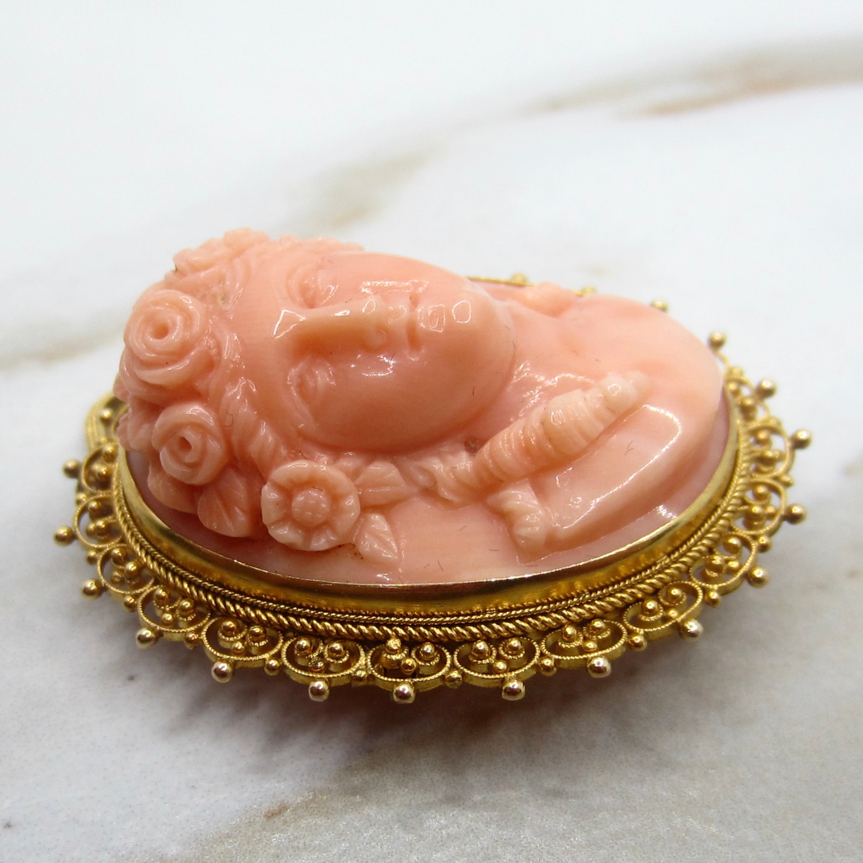 Antique Victorian Carved Coral Cameo in 12k Gold Filigree Pendant Brooch c.1880s