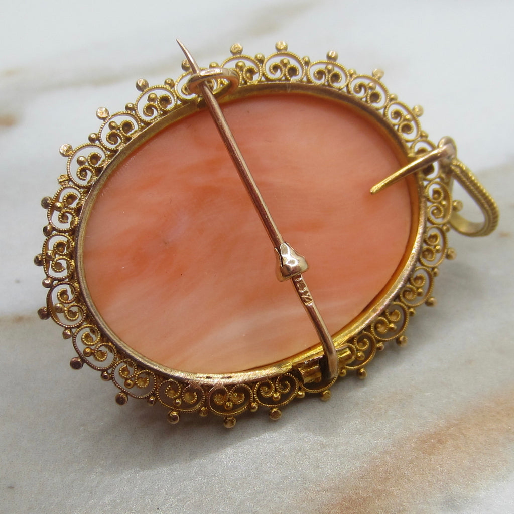 Antique Victorian Carved Coral Cameo in 12k Gold Filigree Pendant Brooch c.1880s