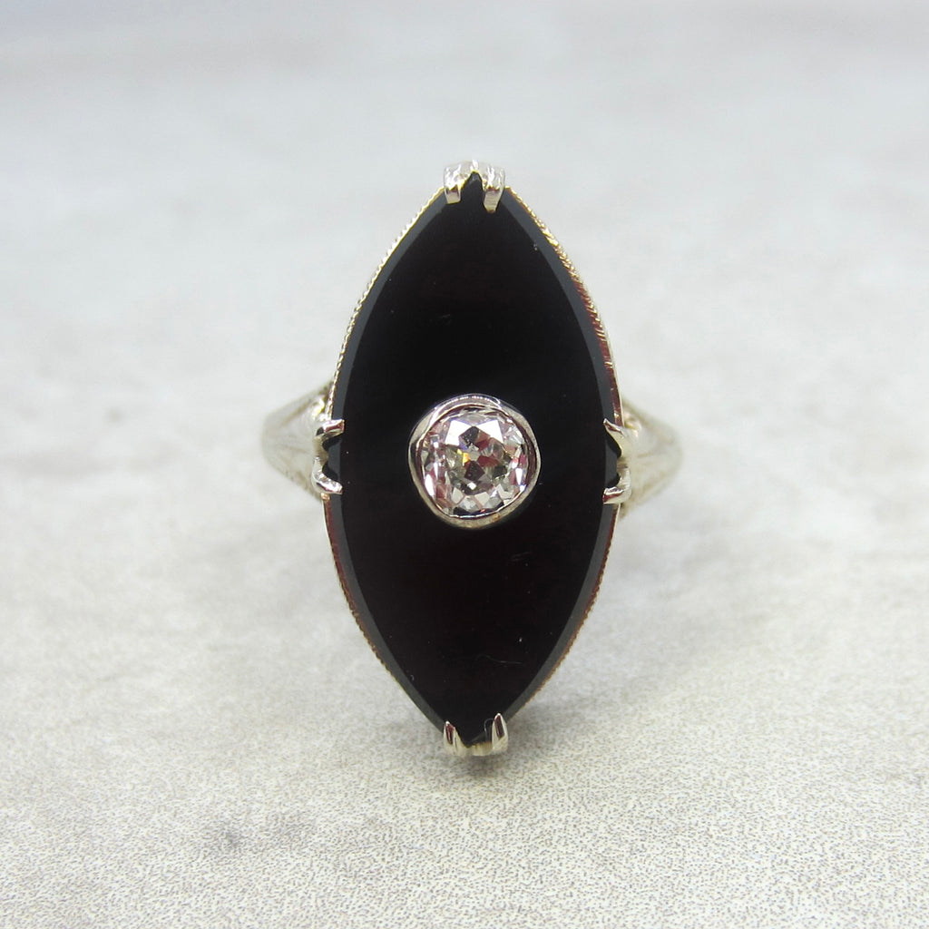 Antique Art Deco 14k White Gold Marquise Onyx .25 ct Old Mine Cut Diamond c.1920s