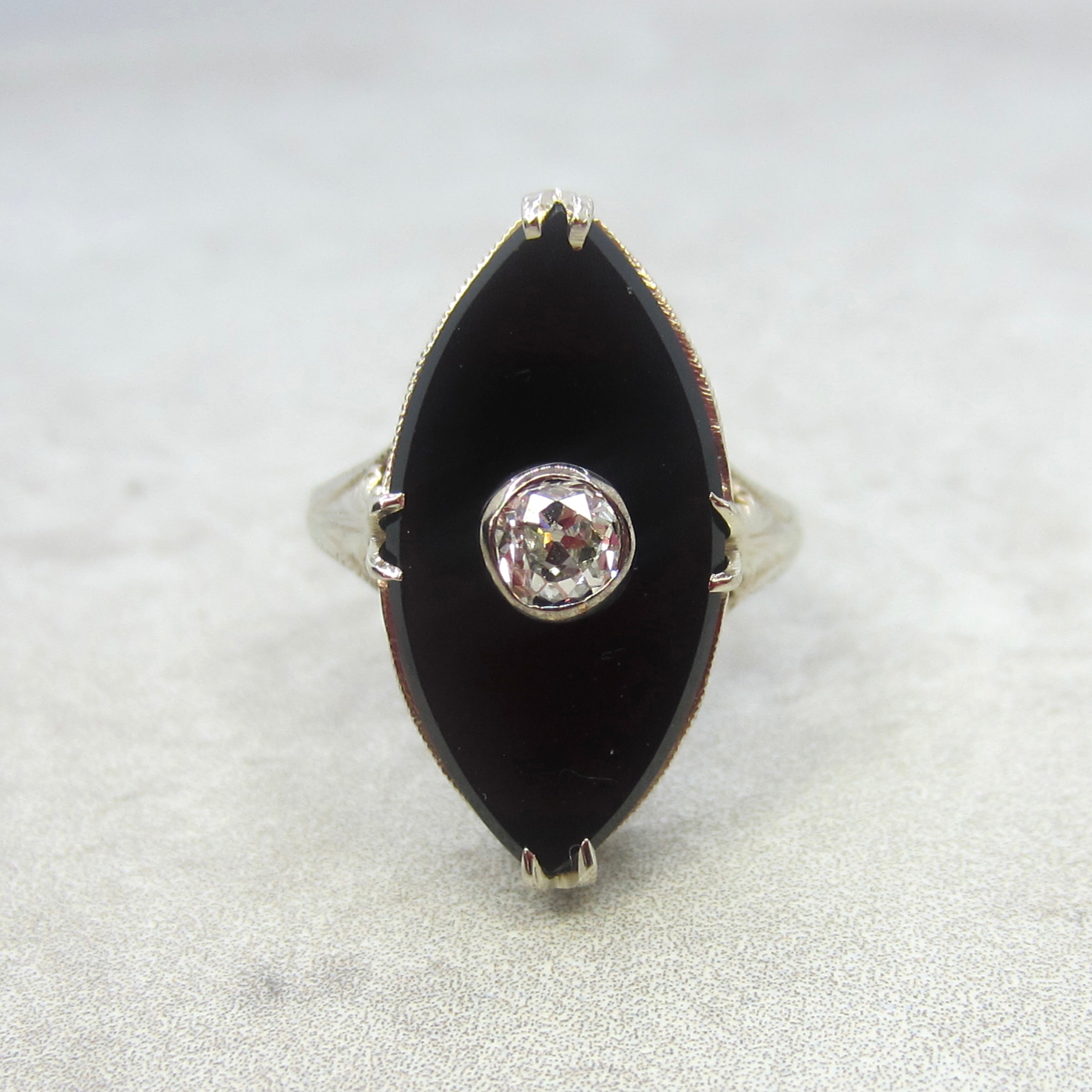Antique Art Deco 14k White Gold Marquise Onyx .25 ct Old Mine Cut Diamond c.1920s