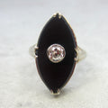 Antique Art Deco 14k White Gold Marquise Onyx .25 ct Old Mine Cut Diamond c.1920s