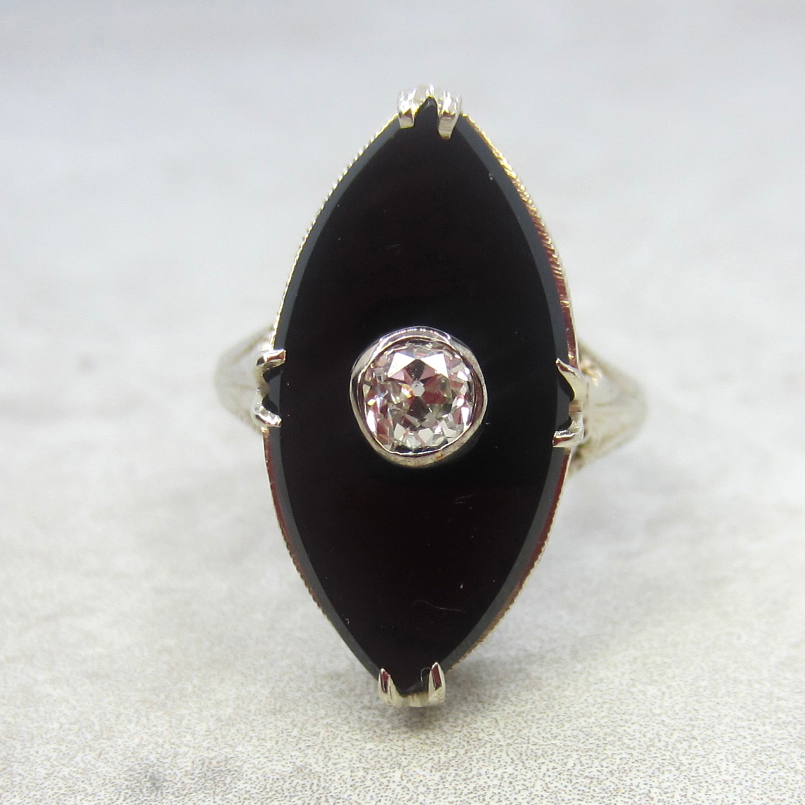 Antique Art Deco 14k White Gold Marquise Onyx .25 ct Old Mine Cut Diamond c.1920s
