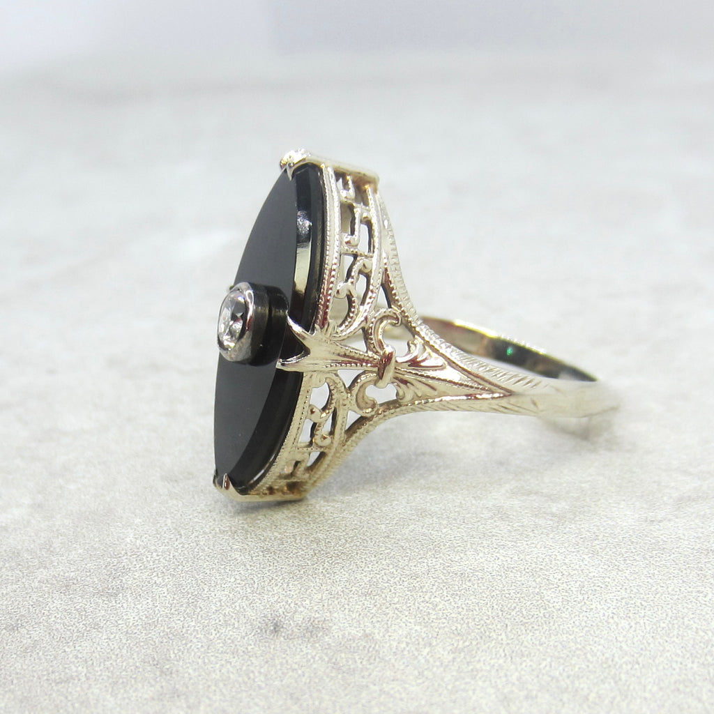 Antique Art Deco 14k White Gold Marquise Onyx .25 ct Old Mine Cut Diamond c.1920s