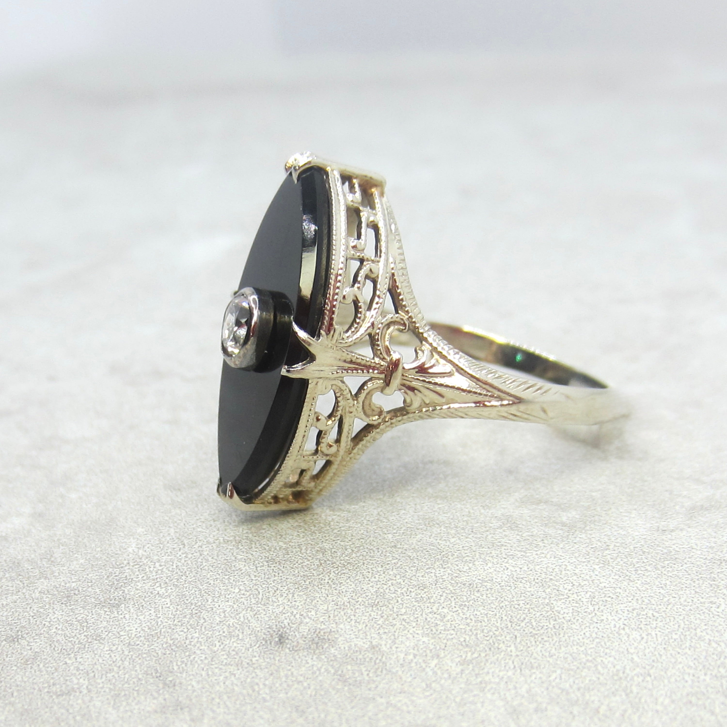 Antique Art Deco 14k White Gold Marquise Onyx .25 ct Old Mine Cut Diamond c.1920s