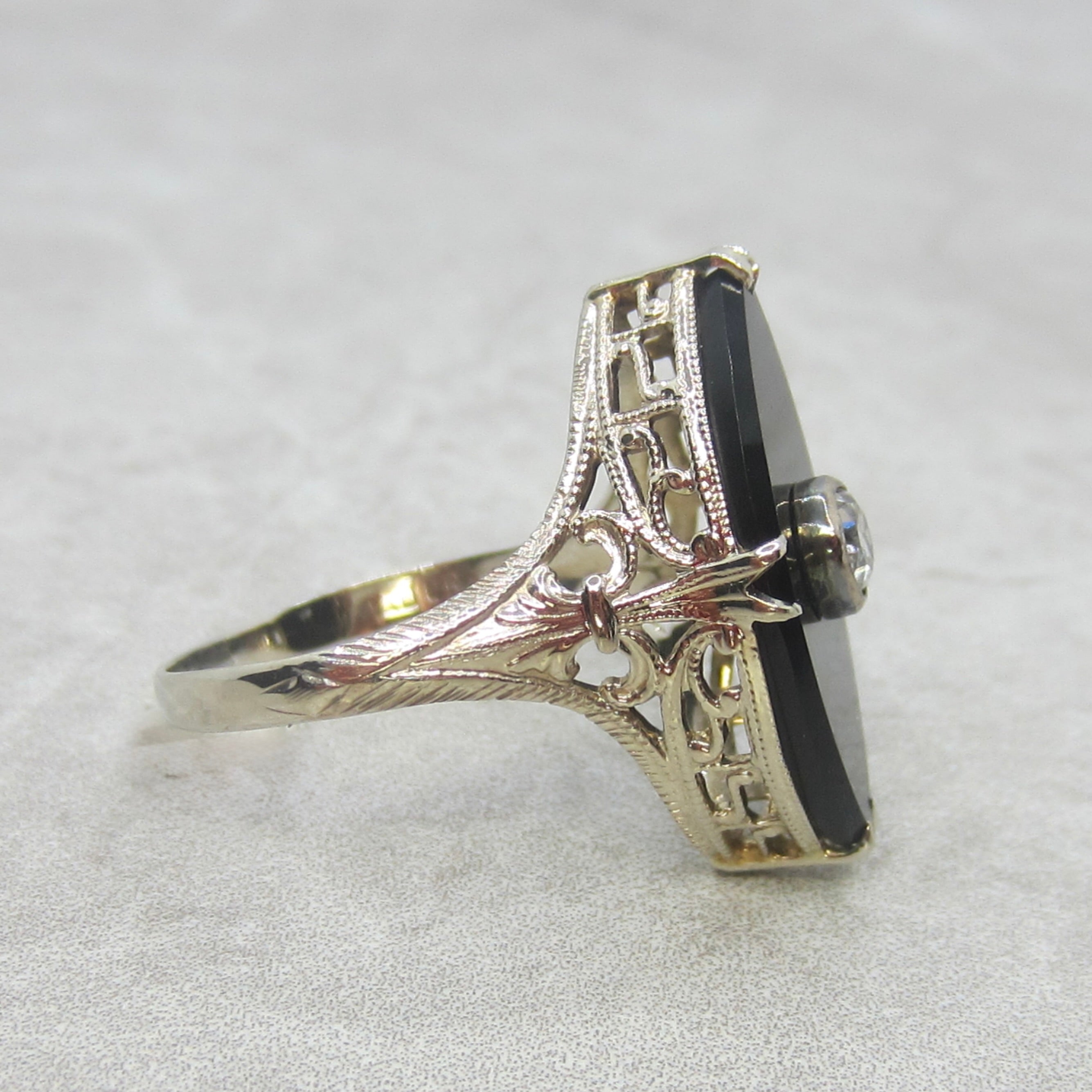 Antique Art Deco 14k White Gold Marquise Onyx .25 ct Old Mine Cut Diamond c.1920s