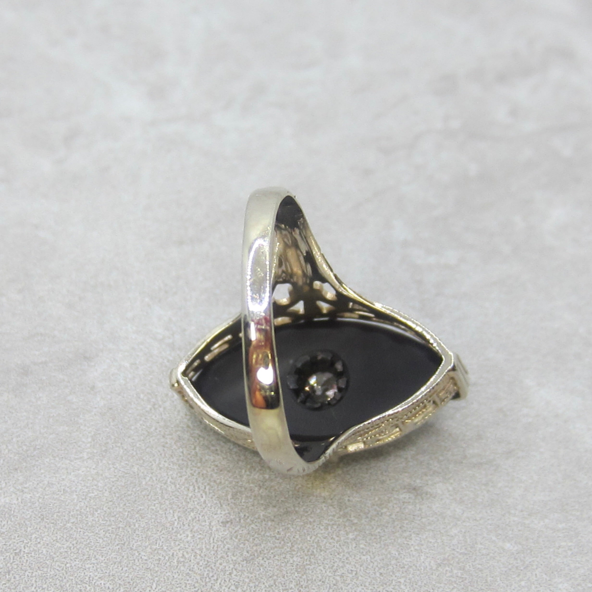 Antique Art Deco 14k White Gold Marquise Onyx .25 ct Old Mine Cut Diamond c.1920s