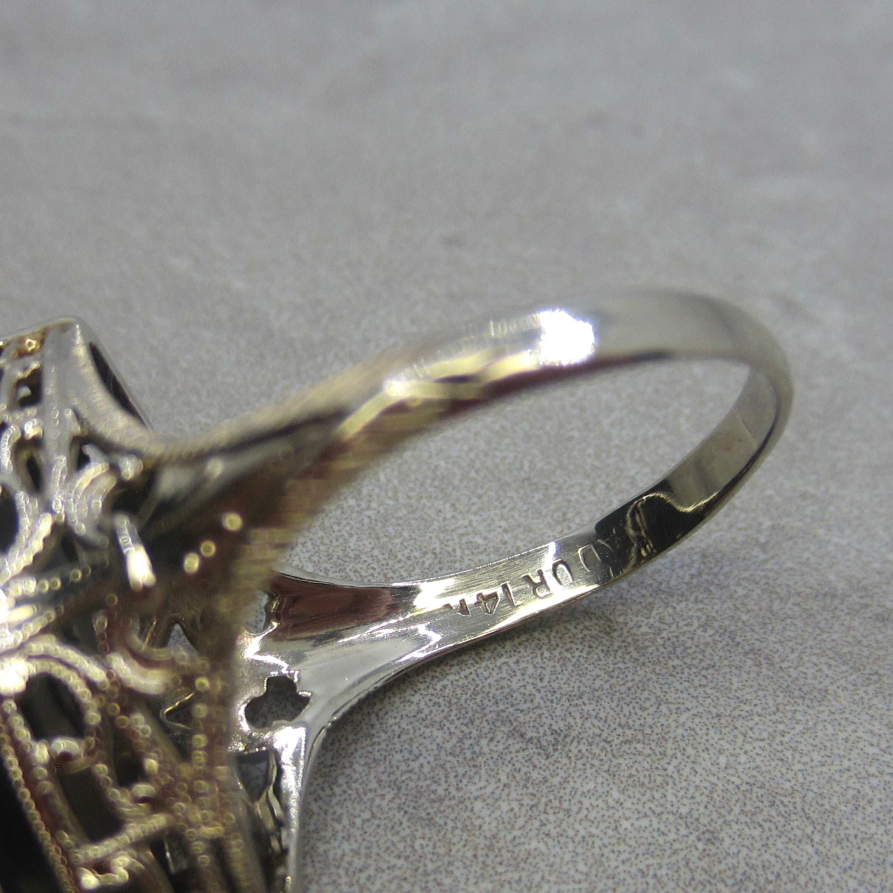 Antique Art Deco 14k White Gold Marquise Onyx .25 ct Old Mine Cut Diamond c.1920s