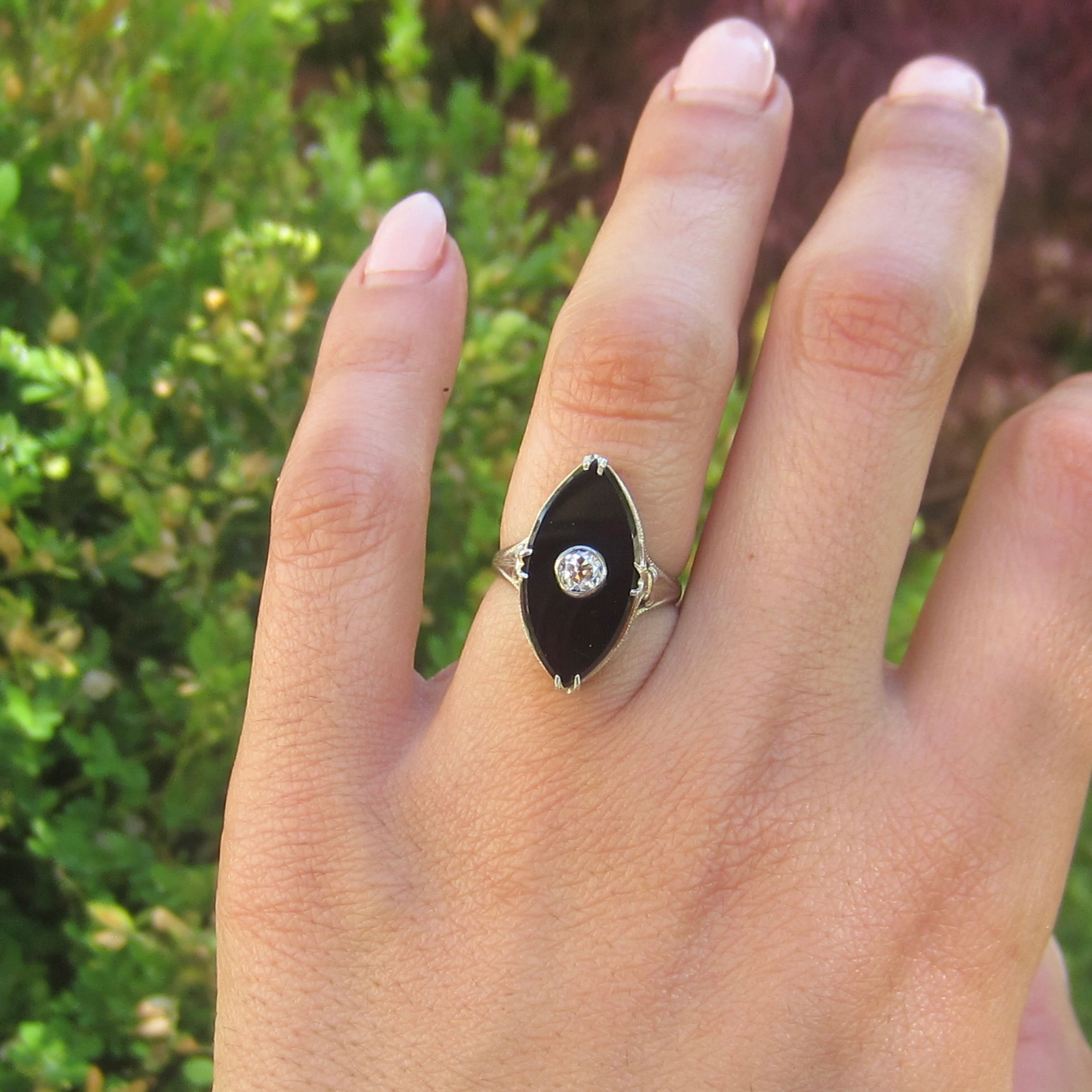 Antique Art Deco 14k White Gold Marquise Onyx .25 ct Old Mine Cut Diamond c.1920s
