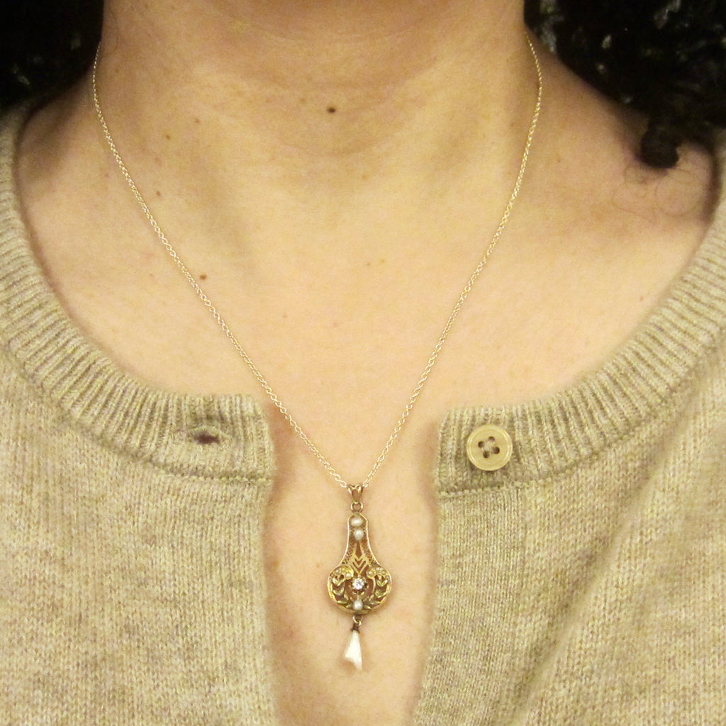 Antique Edwardian 14k Gold Old Mine Cut Diamond and Baroque Pearl Lavaliere Necklace c.1910