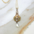 Antique Edwardian 14k Gold Old Mine Cut Diamond and Baroque Pearl Lavaliere Necklace c.1910