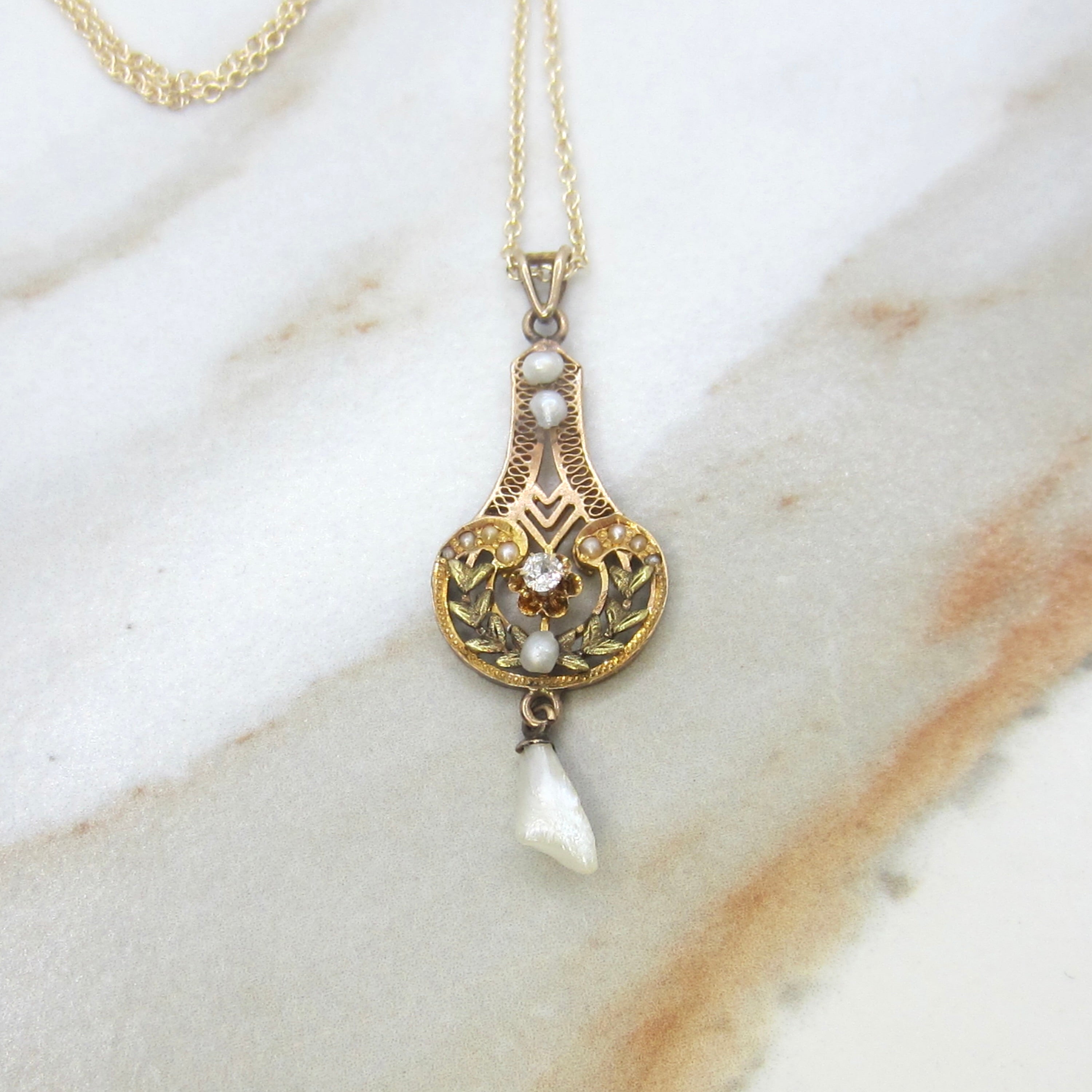 Antique Edwardian 14k Gold Old Mine Cut Diamond and Baroque Pearl Lavaliere Necklace c.1910