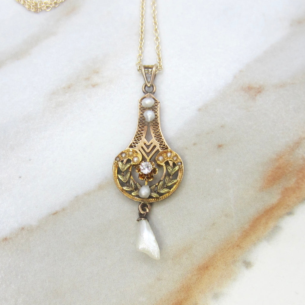 Antique Edwardian 14k Gold Old Mine Cut Diamond and Baroque Pearl Lavaliere Necklace c.1910
