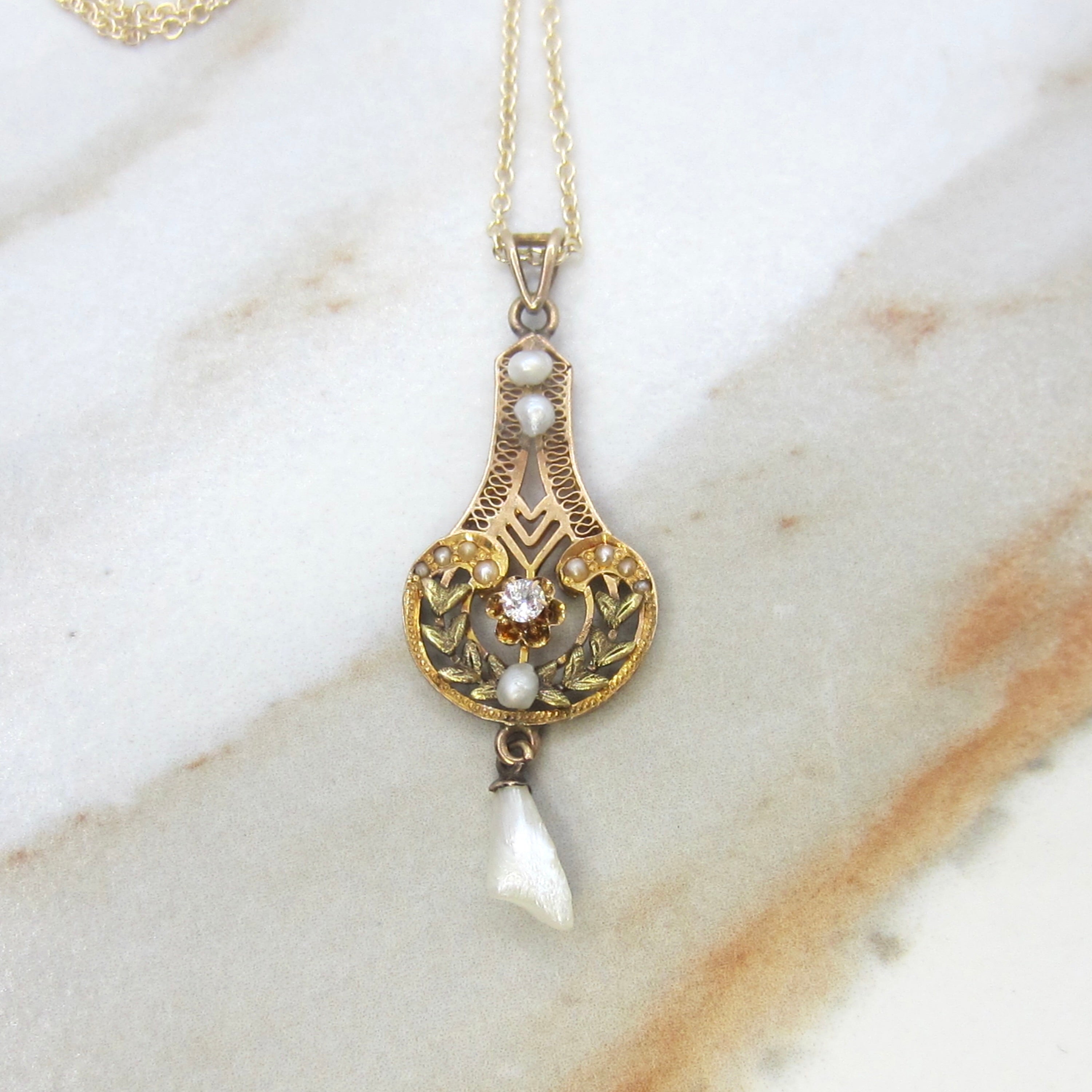 Antique Edwardian 14k Gold Old Mine Cut Diamond and Baroque Pearl Lavaliere Necklace c.1910