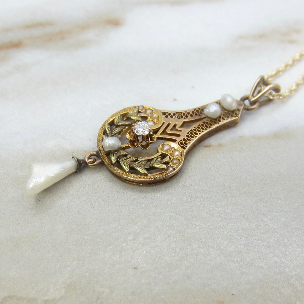 Antique Edwardian 14k Gold Old Mine Cut Diamond and Baroque Pearl Lavaliere Necklace c.1910