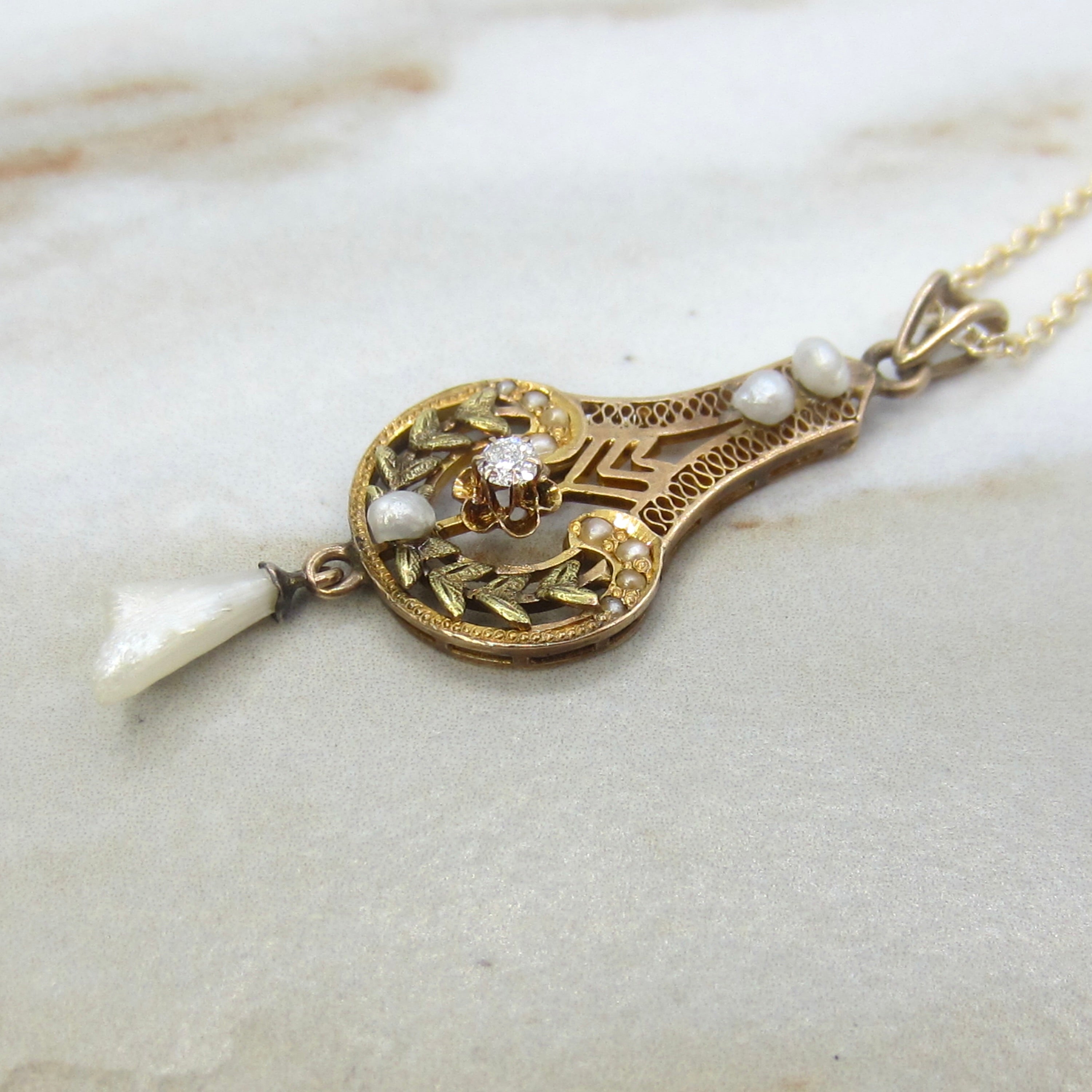 Antique Edwardian 14k Gold Old Mine Cut Diamond and Baroque Pearl Lavaliere Necklace c.1910