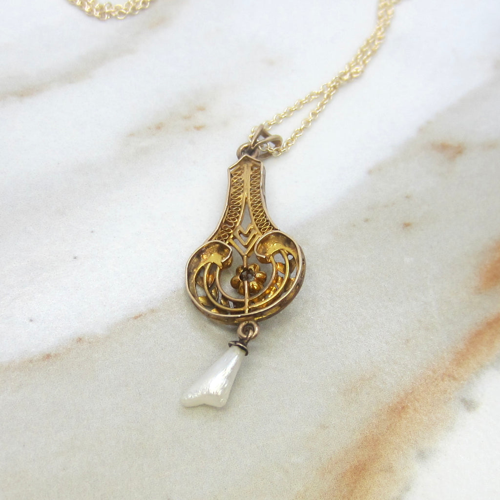 Antique Edwardian 14k Gold Old Mine Cut Diamond and Baroque Pearl Lavaliere Necklace c.1910