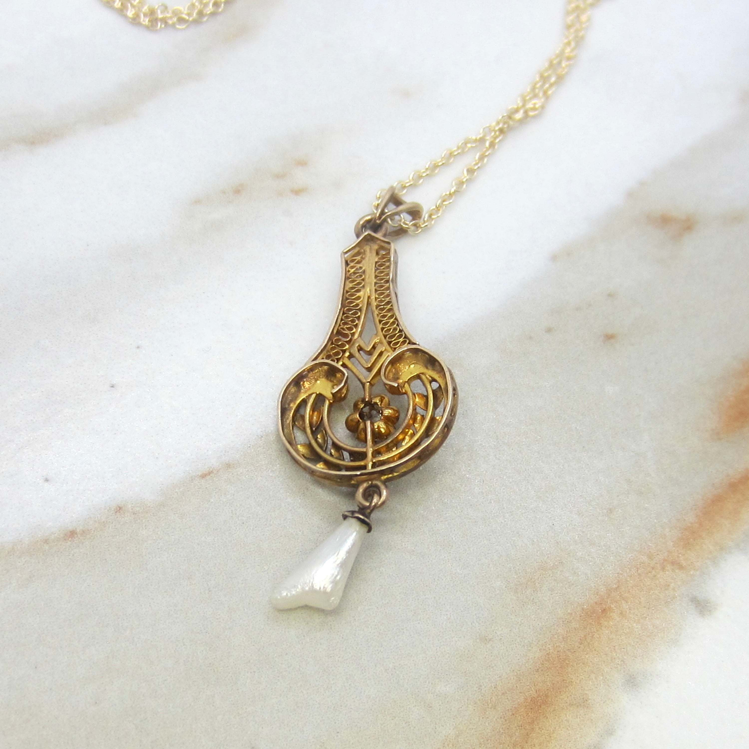 Antique Edwardian 14k Gold Old Mine Cut Diamond and Baroque Pearl Lavaliere Necklace c.1910