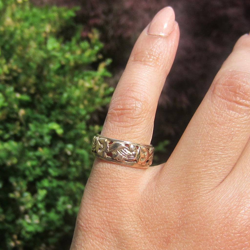 Vintage 14k Gold Art Deco Floral Wide Band Ring c.1930s