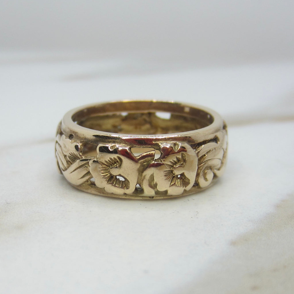 Vintage 14k Gold Art Deco Floral Wide Band Ring c.1930s