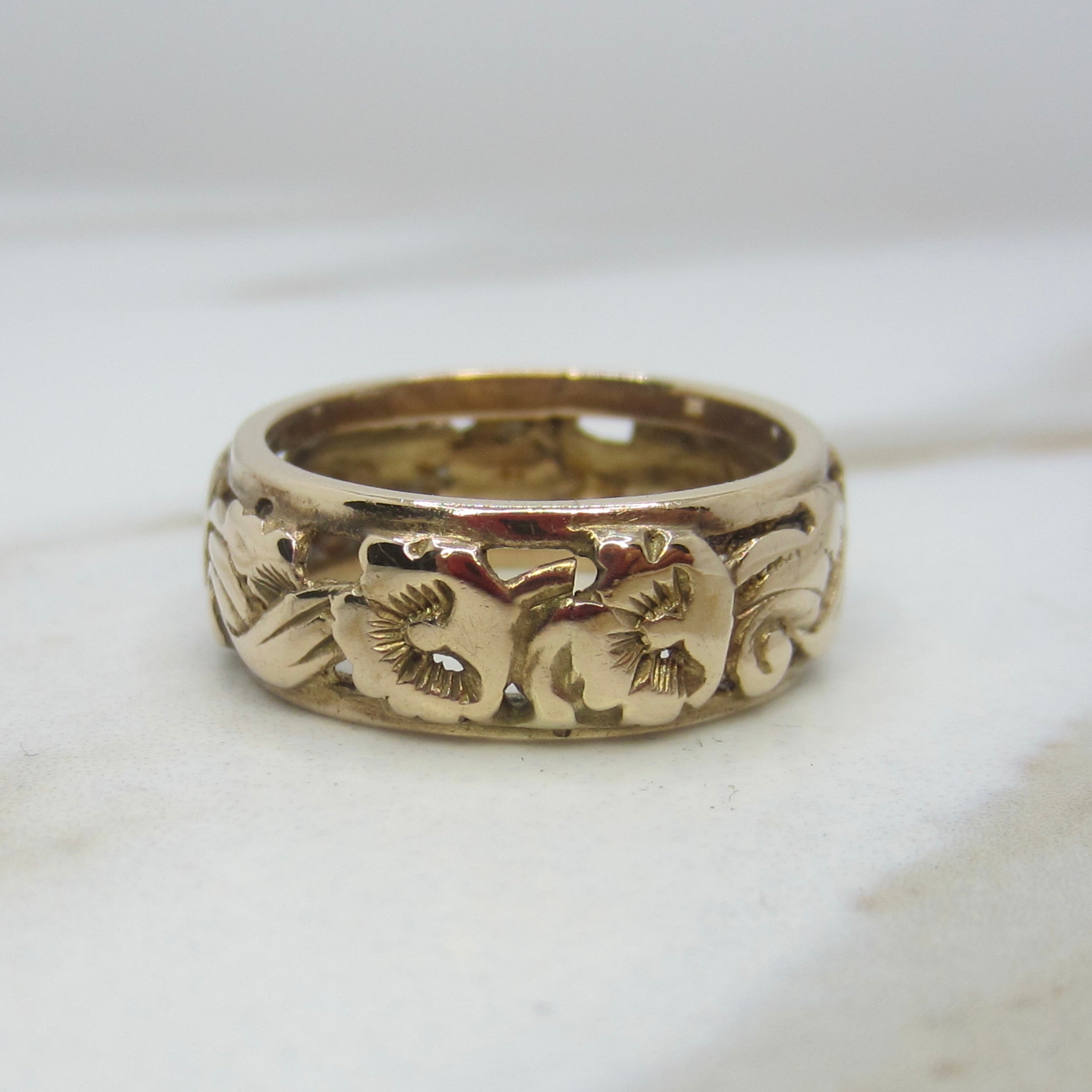 Vintage 14k Gold Art Deco Floral Wide Band Ring c.1930s