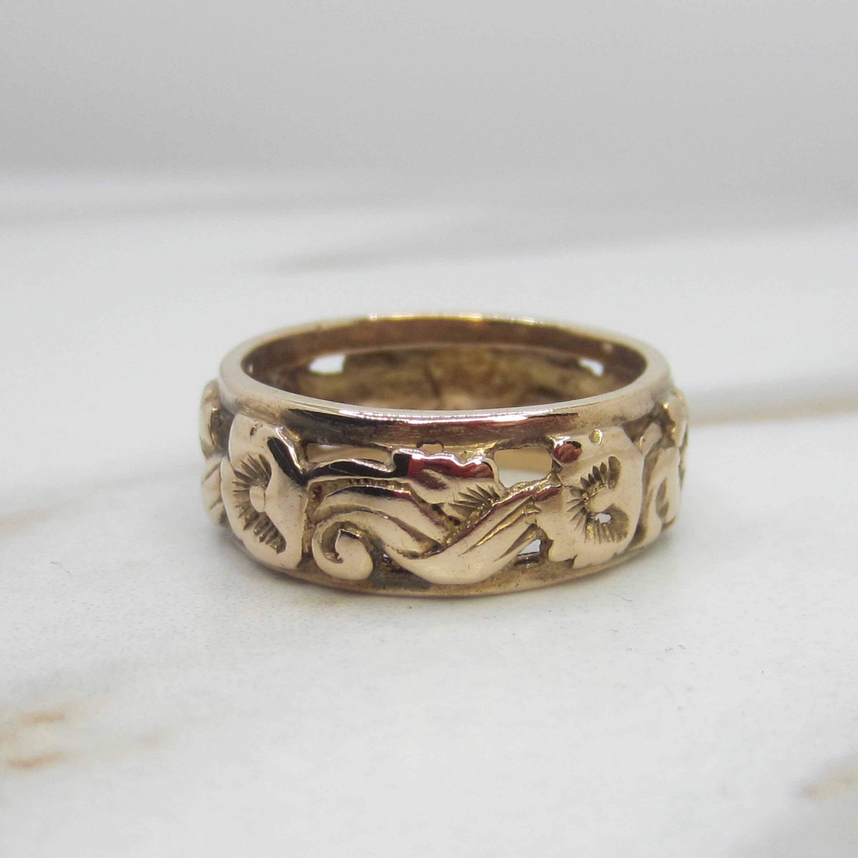 Vintage 14k Gold Art Deco Floral Wide Band Ring c.1930s
