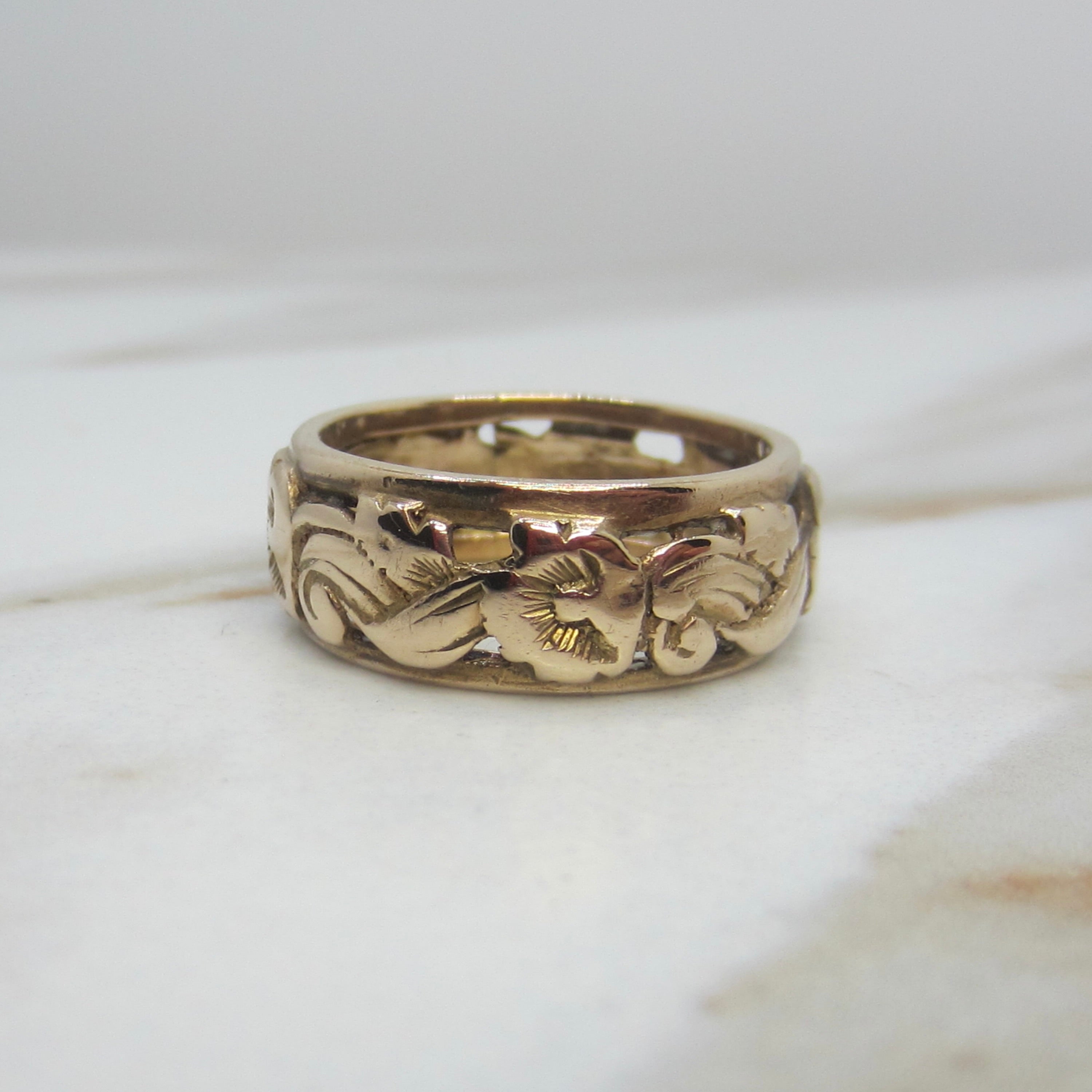 Vintage 14k Gold Art Deco Floral Wide Band Ring c.1930s