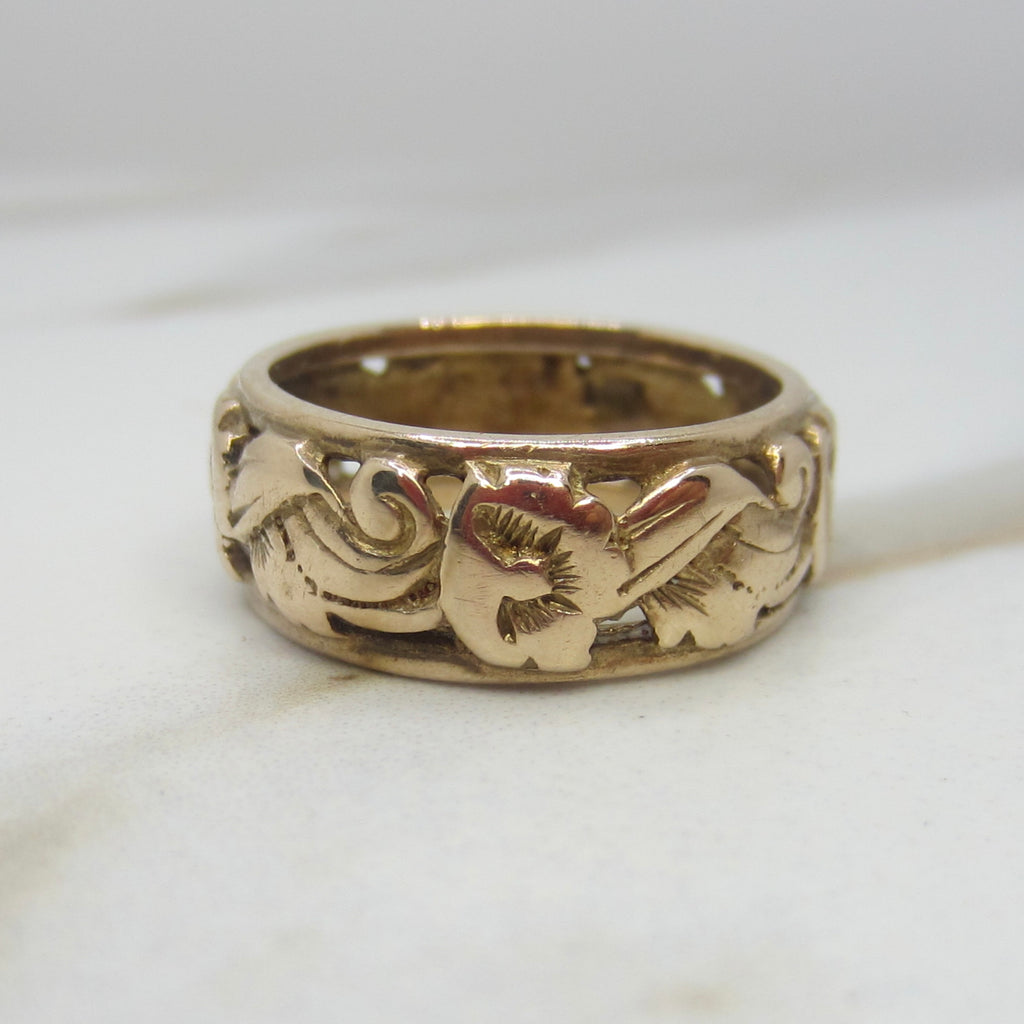 Vintage 14k Gold Art Deco Floral Wide Band Ring c.1930s