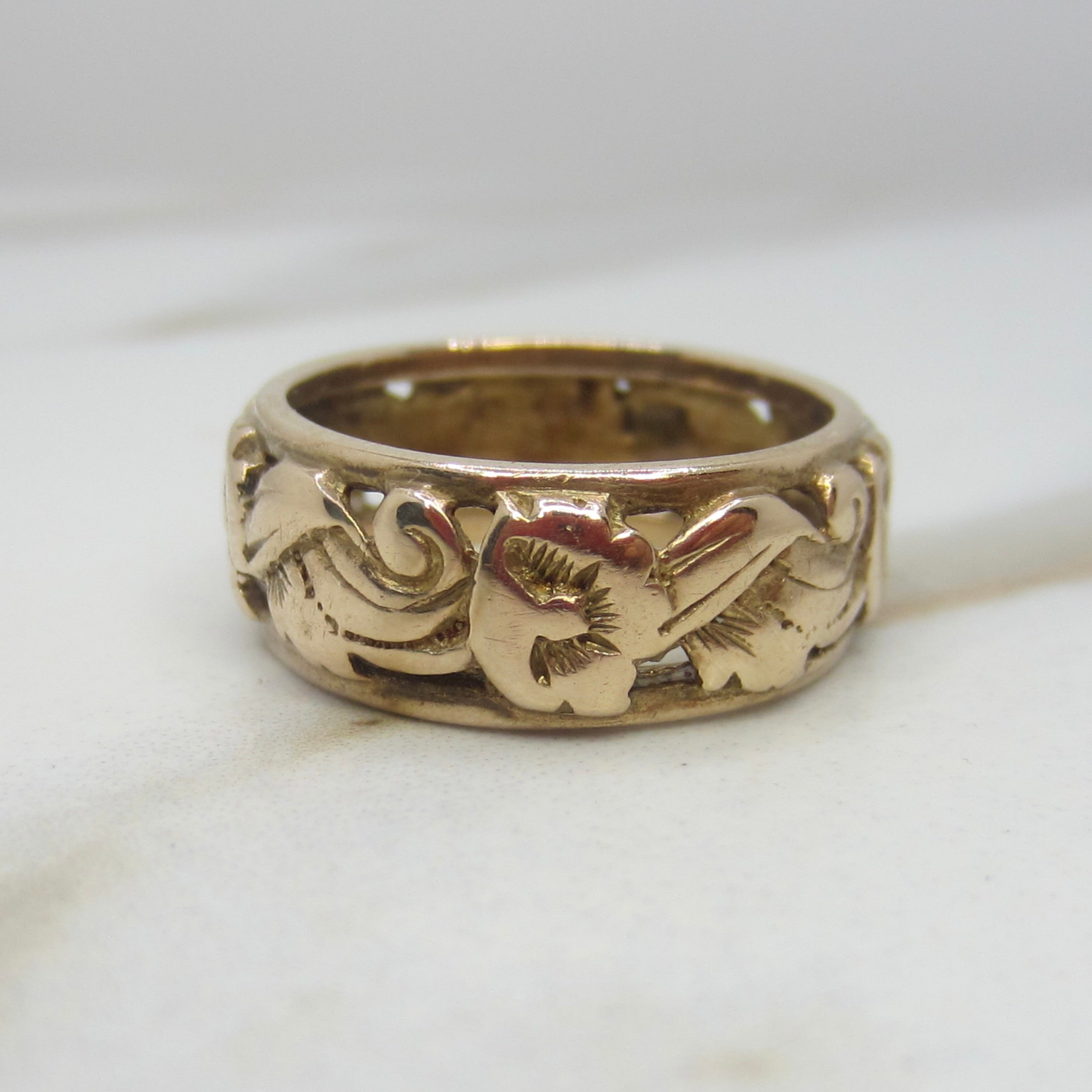 Vintage 14k Gold Art Deco Floral Wide Band Ring c.1930s