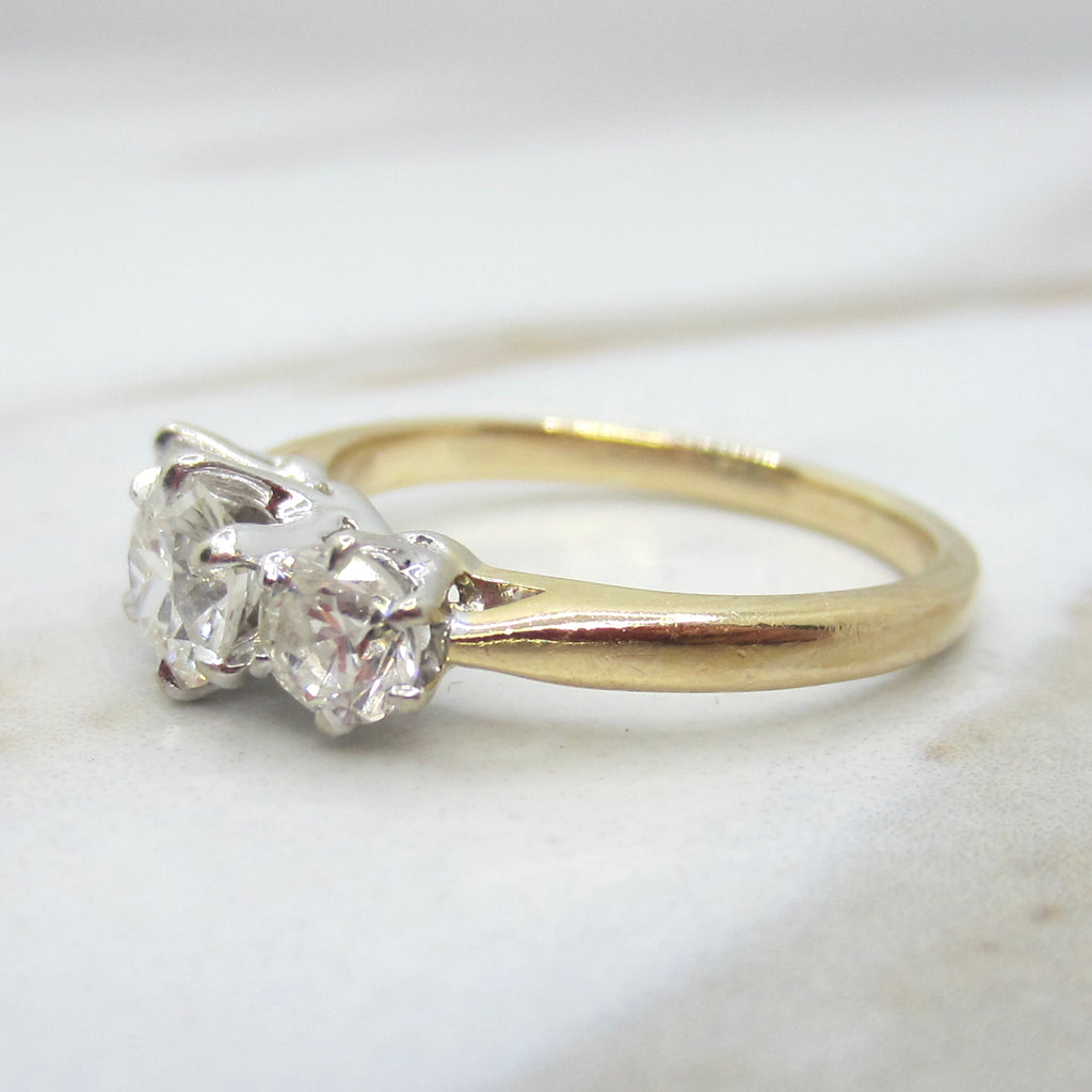 Vintage 14k Gold 1.00 ctw Transitional Natural Cut Diamonds Three Stone Ring c.1930s