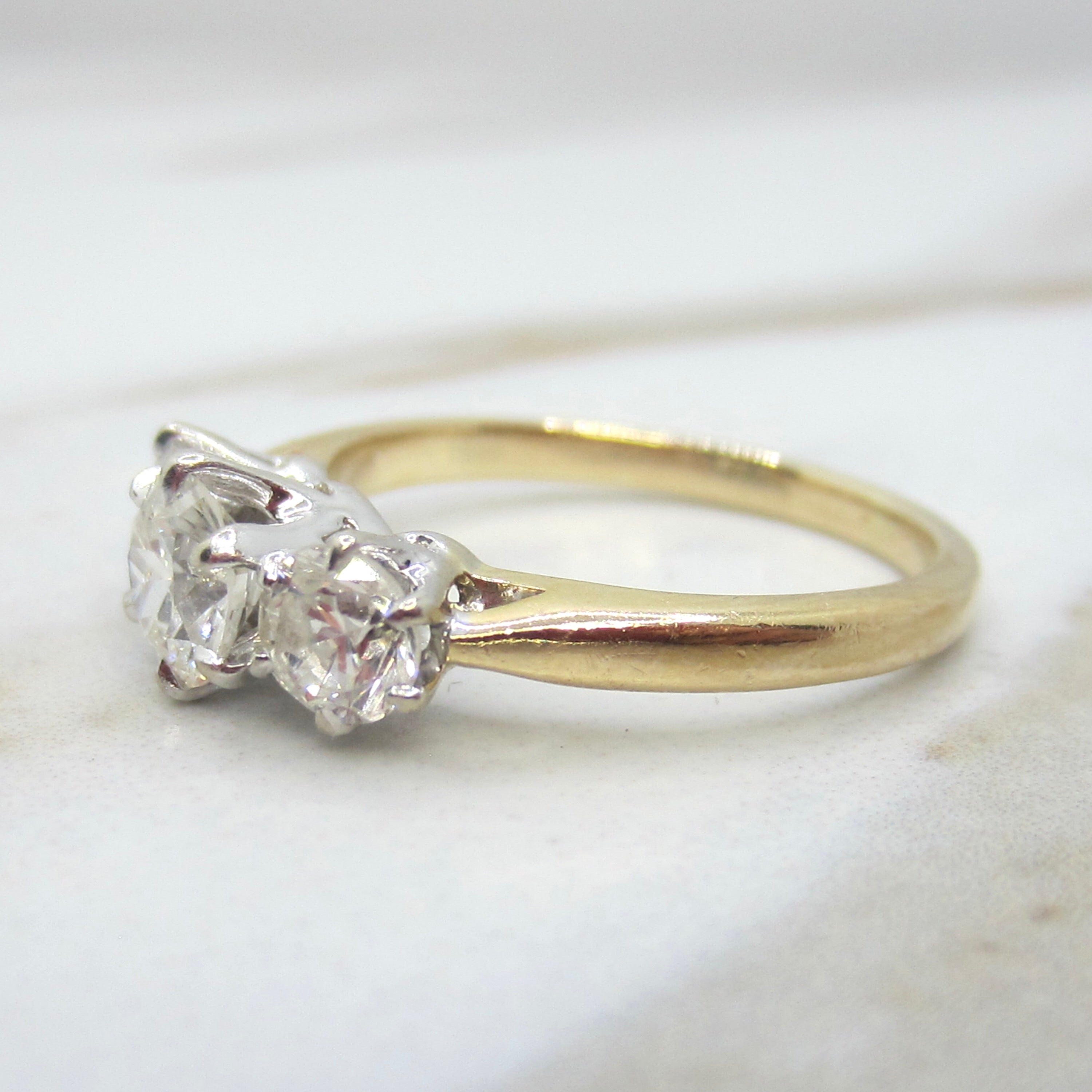 Vintage 14k Gold 1.00 ctw Transitional Natural Cut Diamonds Three Stone Ring c.1930s