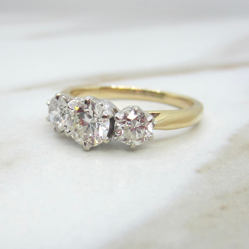 Vintage 14k Gold 1.00 ctw Transitional Natural Cut Diamonds Three Stone Ring c.1930s