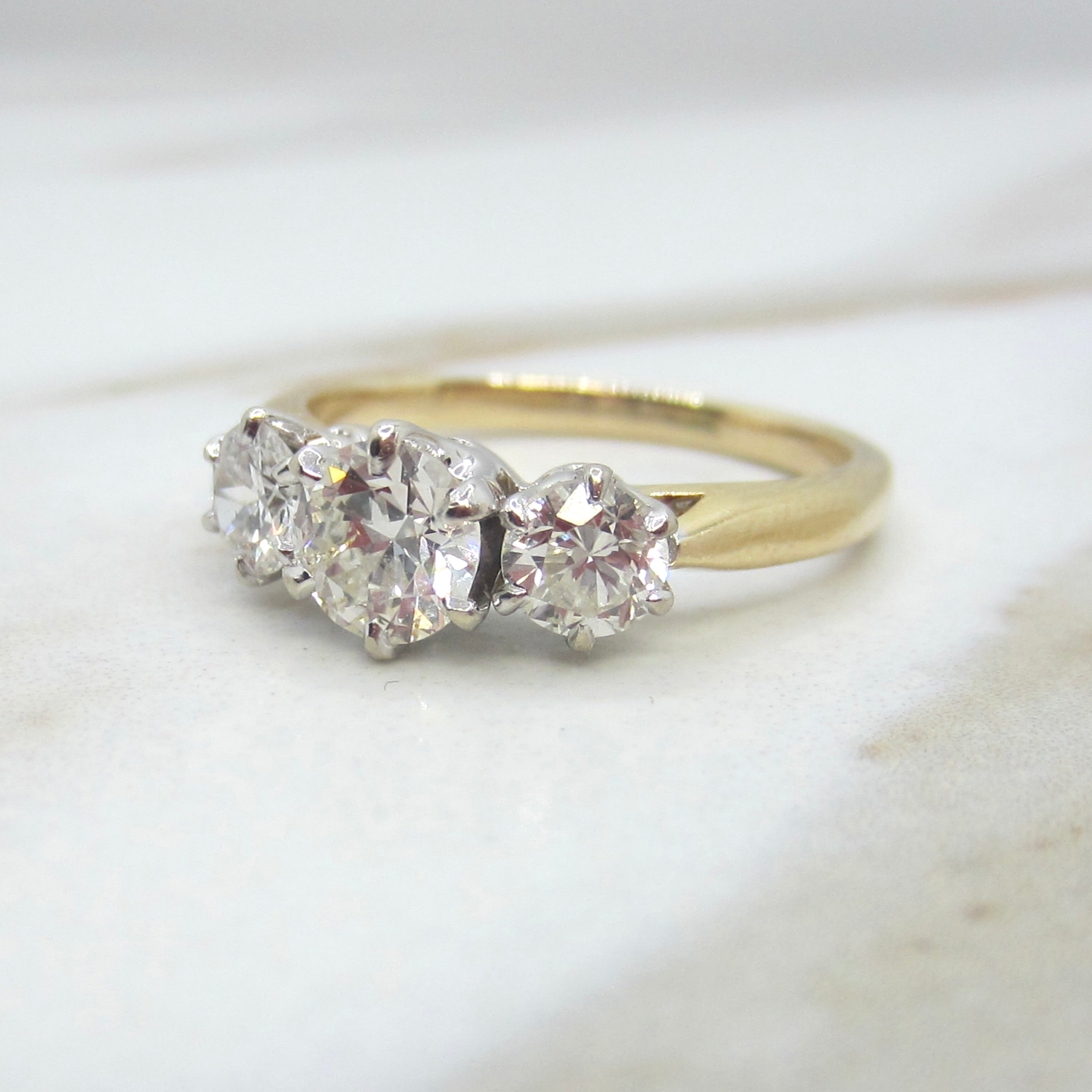 Vintage 14k Gold 1.00 ctw Transitional Natural Cut Diamonds Three Stone Ring c.1930s