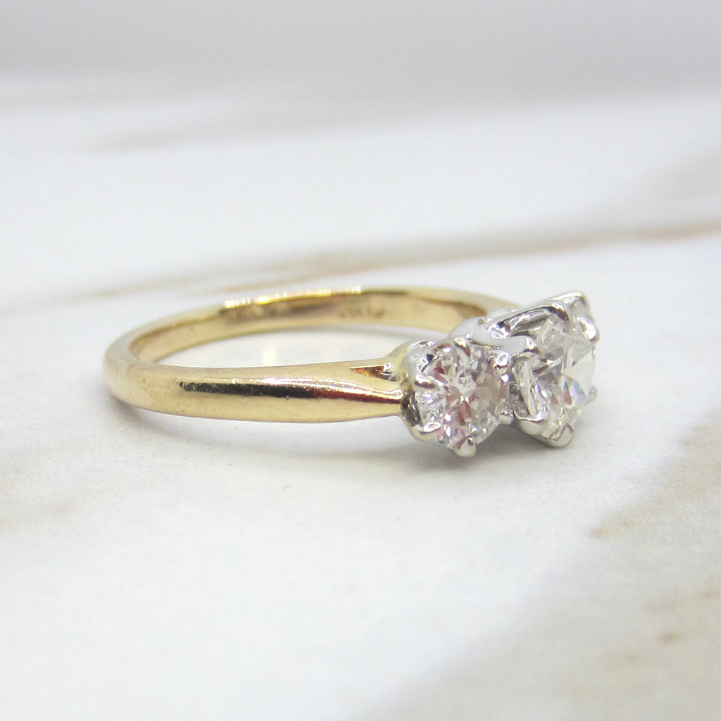 Vintage 14k Gold 1.00 ctw Transitional Natural Cut Diamonds Three Stone Ring c.1930s