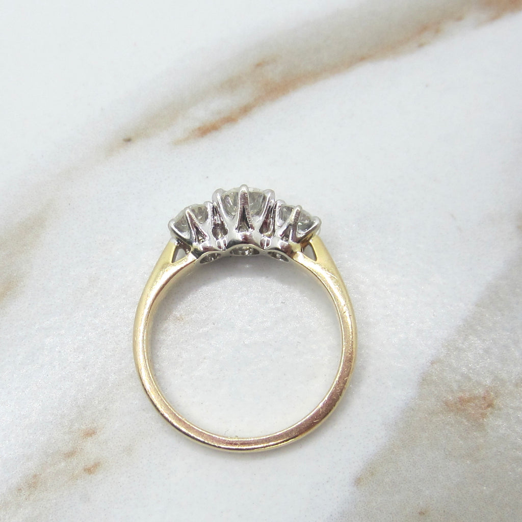 Vintage 14k Gold 1.00 ctw Transitional Natural Cut Diamonds Three Stone Ring c.1930s