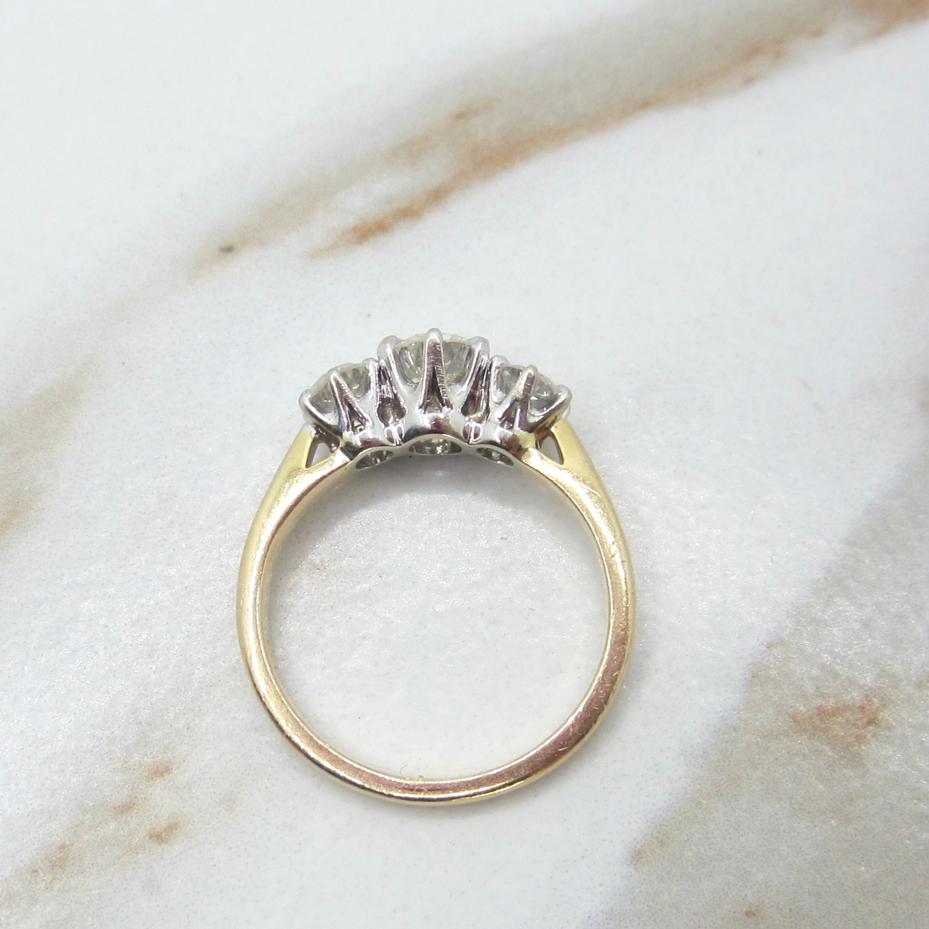 Vintage 14k Gold 1.00 ctw Natural Traditional Cut Diamonds Three Stone Ring c.1930s