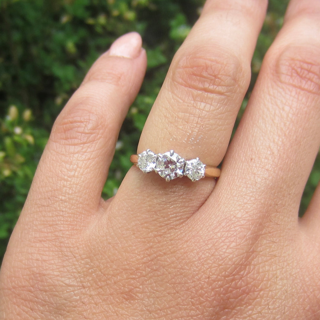 Vintage 14k Gold 1.00 ctw Transitional Natural Cut Diamonds Three Stone Ring c.1930s