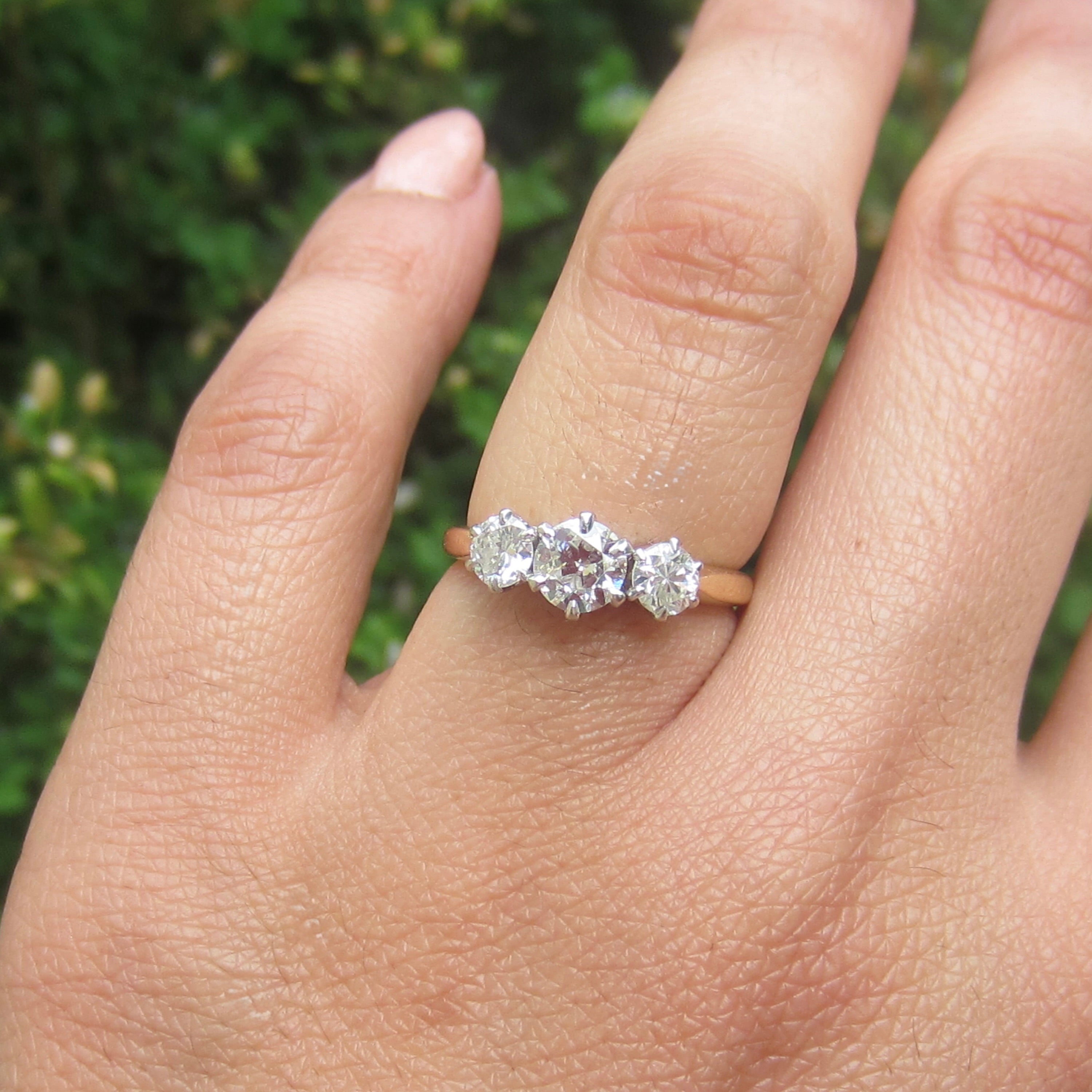 Vintage 14k Gold 1.00 ctw Transitional Natural Cut Diamonds Three Stone Ring c.1930s